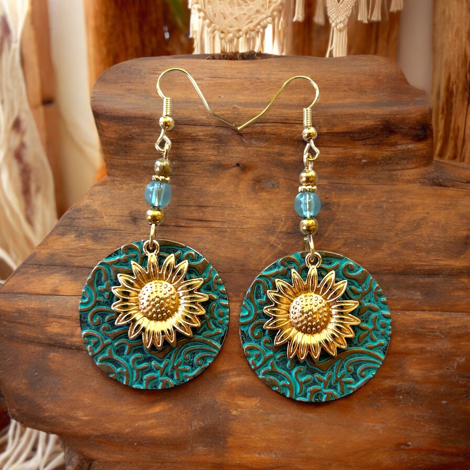 03855484-24FB-4E81-8EA5-06005C9BB816 Patina Metal Dangle Earrings – Gold Sunflower Design - Image 4