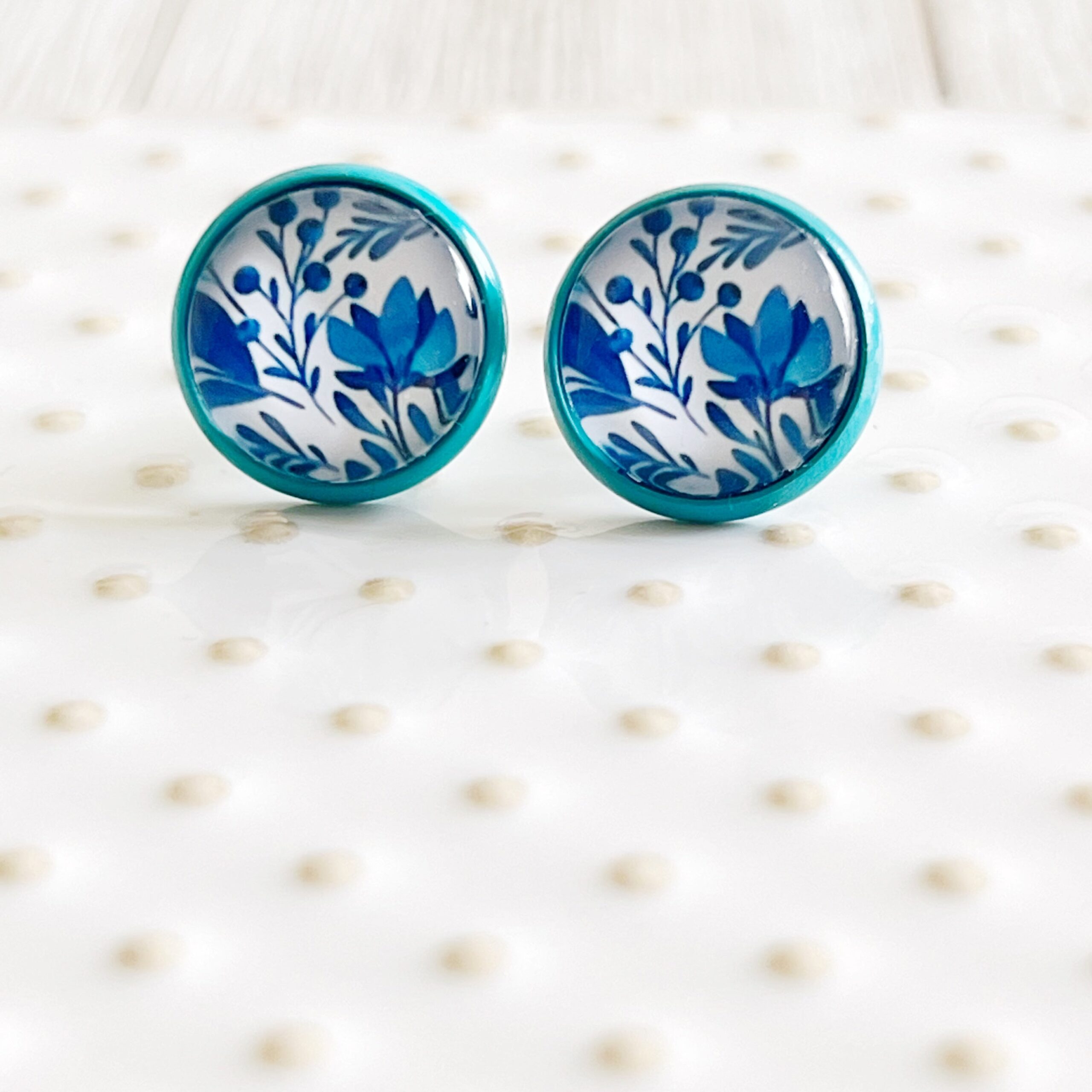 0E46336B-318F-4960-9324-D245F830EF0D Blue Floral Stud Earrings – Round Botanical Jewelry in Teal Bezel - Image 5
