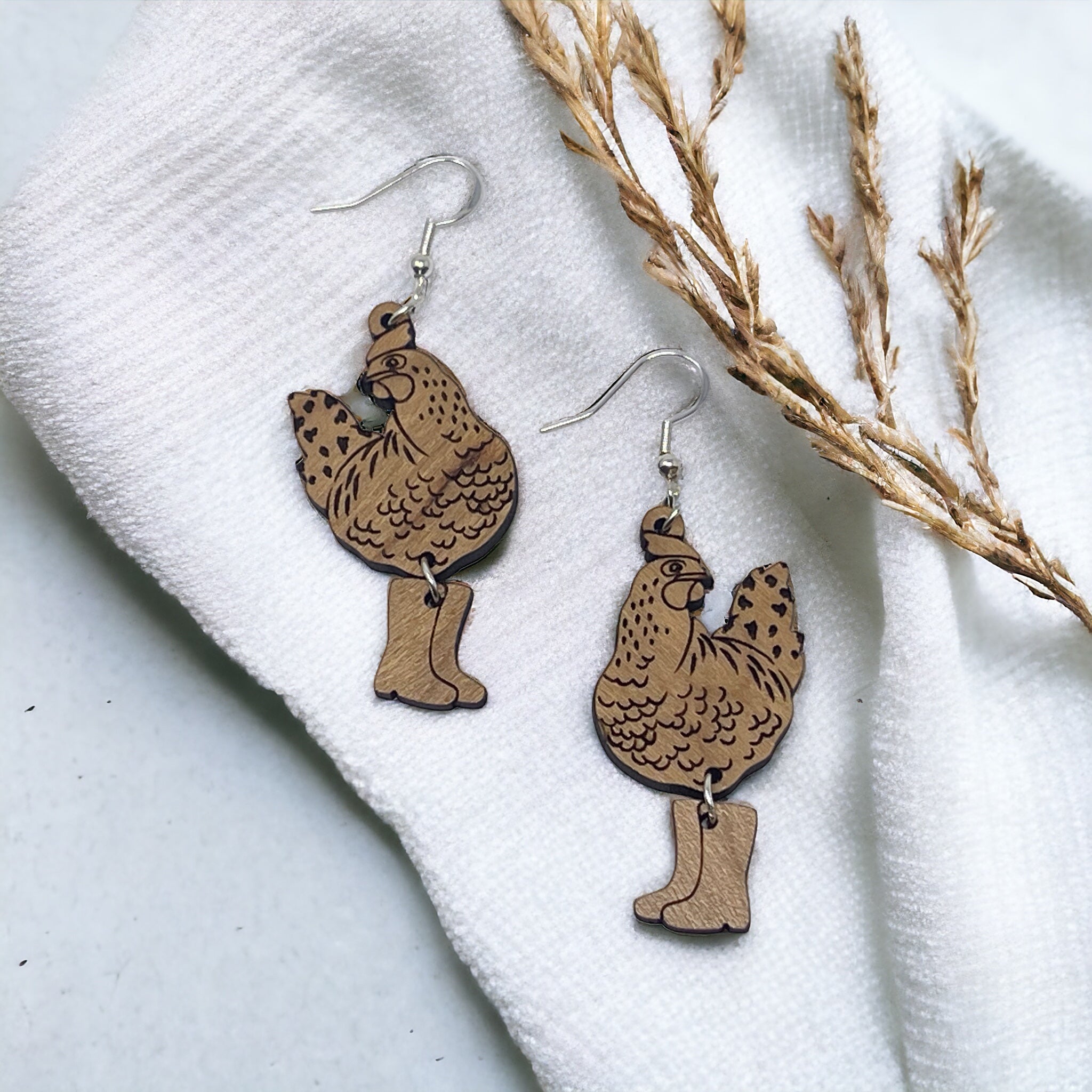 27E6E3D6-FD98-4080-A078-B75368947494 Chicken in Boots Earrings – Wooden Farmhouse Dangle Earrings - Image 7