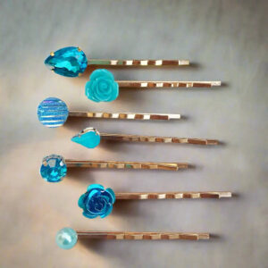 Blue Hair Pins Set of 7 – Gold Floral Bobby Pins with Rhinestones