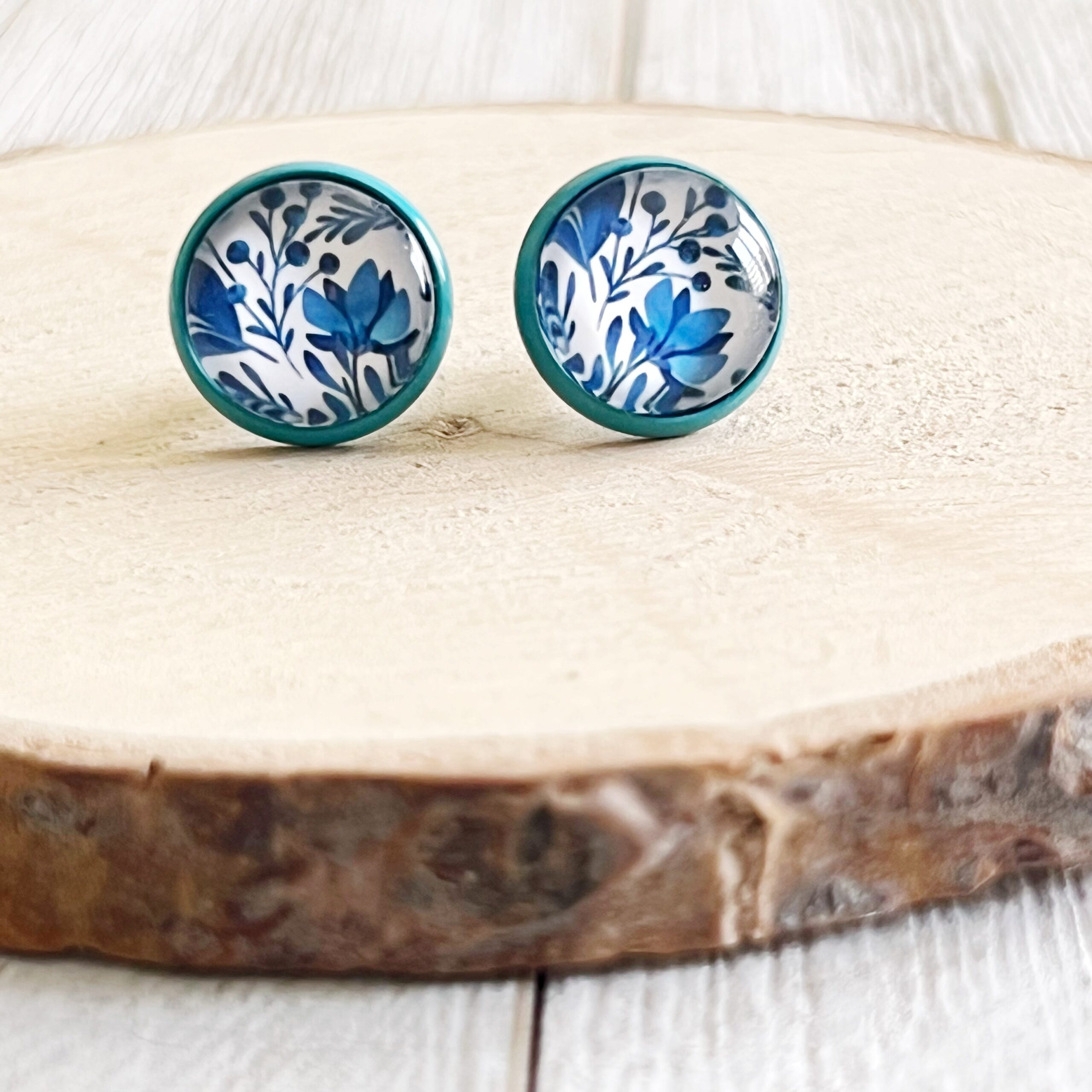 31310663-8F47-4B79-A673-617BB26679FA Blue Floral Stud Earrings – Round Botanical Jewelry in Teal Bezel - Image 2