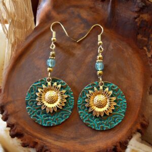 Patina Metal Dangle Earrings – Gold Sunflower Design