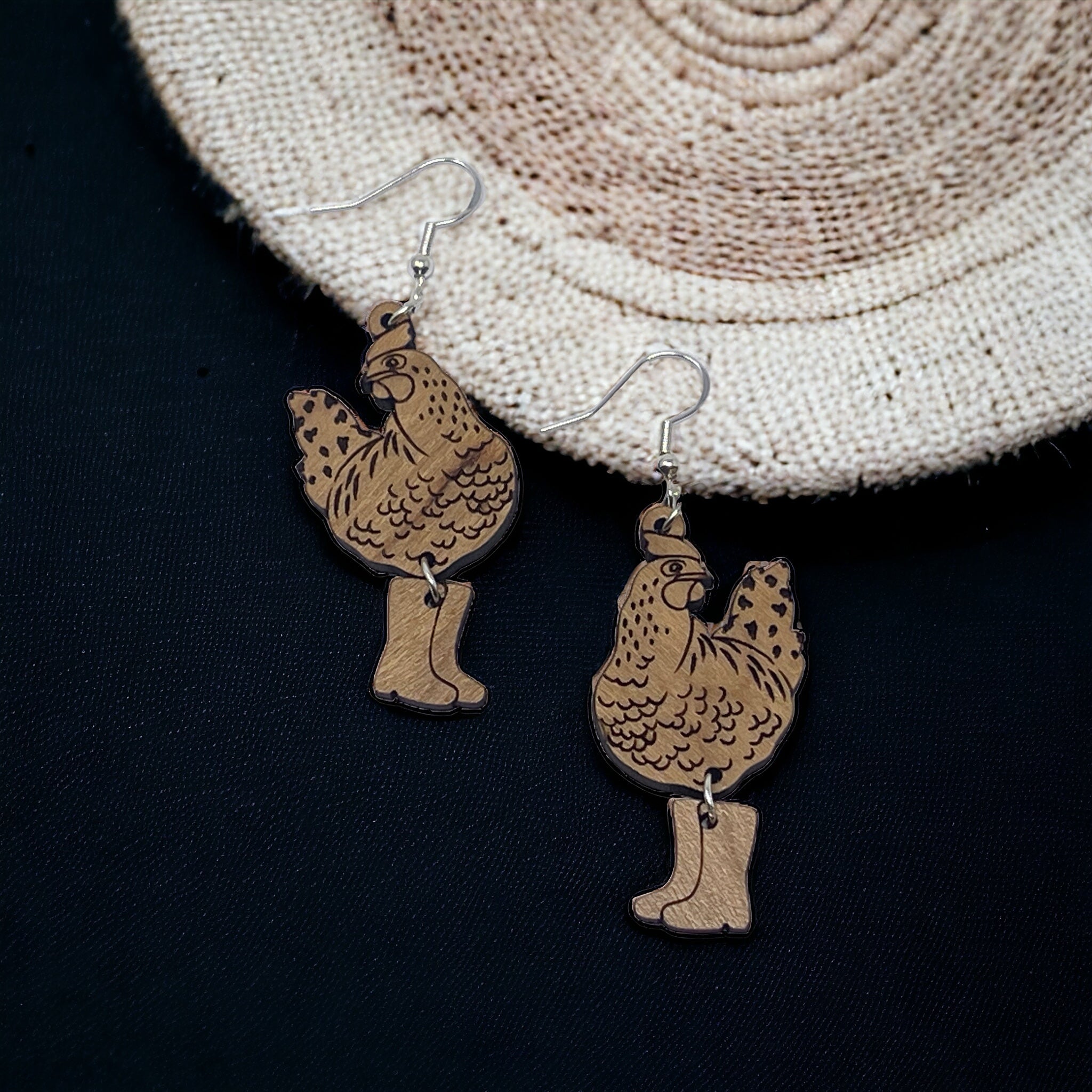 43557489-CCA6-4AAE-A712-D6D09A07905D Chicken in Boots Earrings – Wooden Farmhouse Dangle Earrings - Image 6