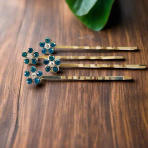 Blue Rhinestone Flower Hair Pins Set of 4 – Silver Bobby Pins