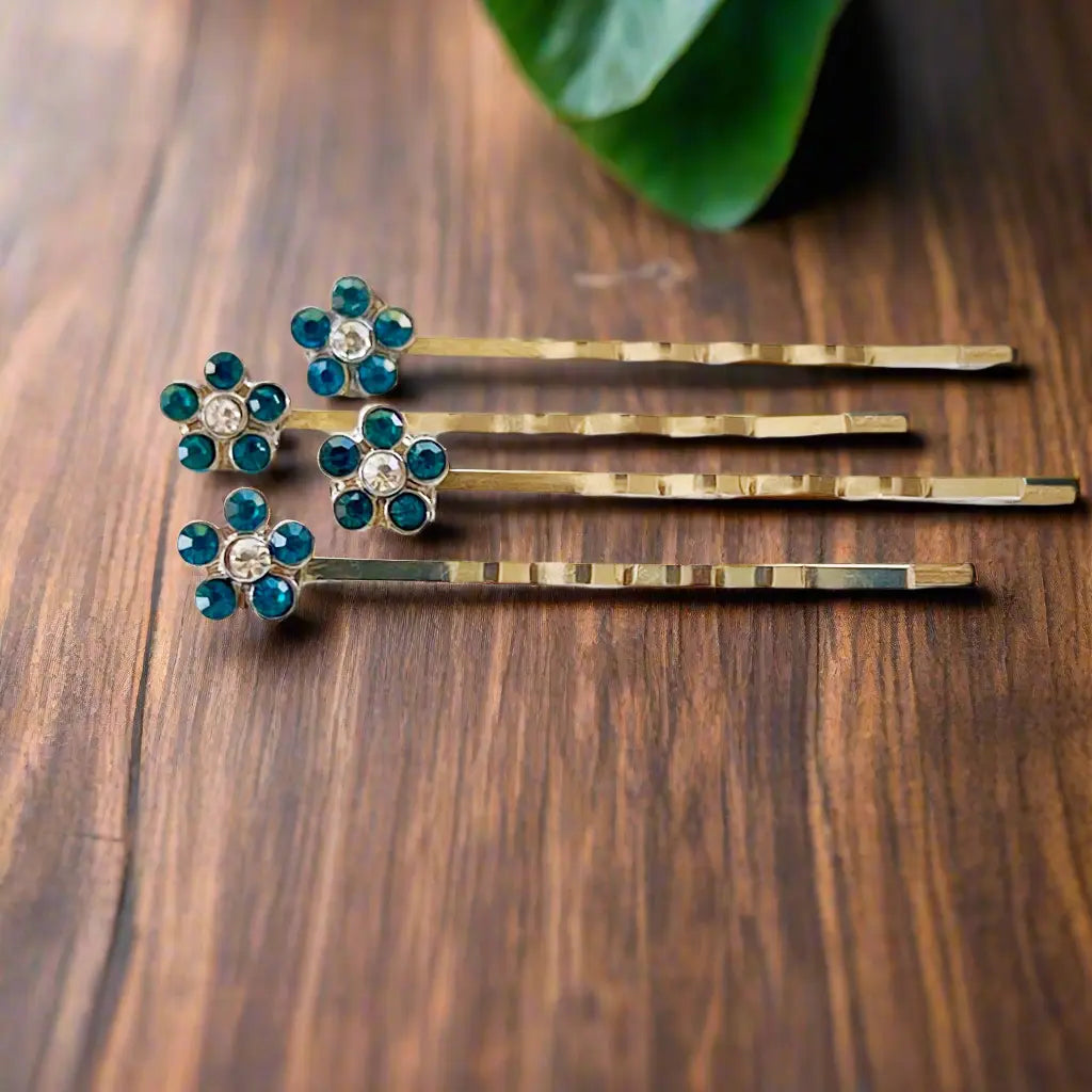 47D7FDB3-89FD-4700-9658-2715B763C6C7 Blue Rhinestone Flower Hair Pins Set of 4 – Silver Bobby Pins