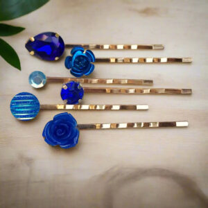 Blue Rhinestone Floral Gold Hair Pins Set of 6 – Bold Statement Bobby Pins