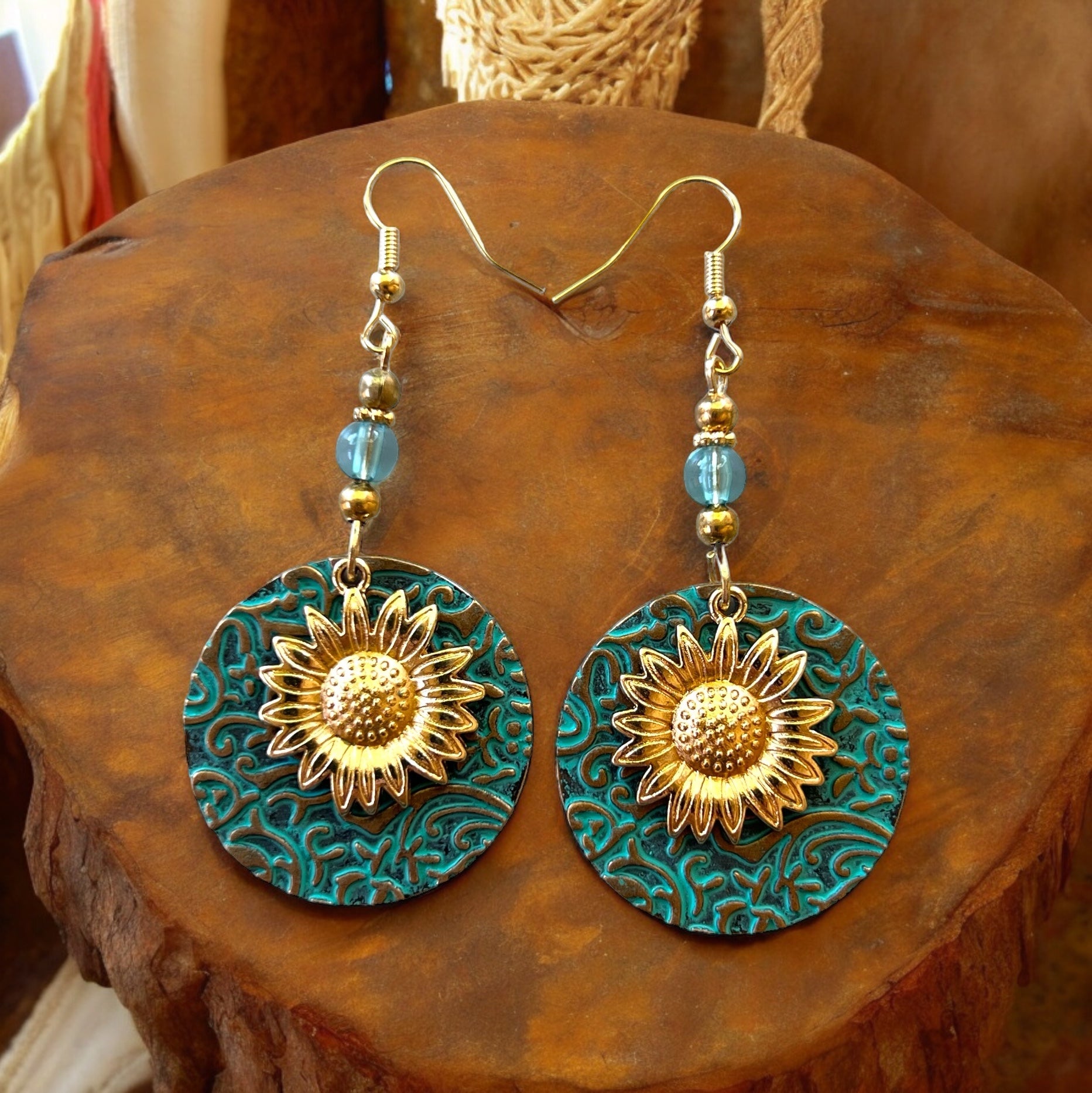 4C637585-697D-4A43-BB01-F29CF2EE3F5D Patina Metal Dangle Earrings – Gold Sunflower Design - Image 2