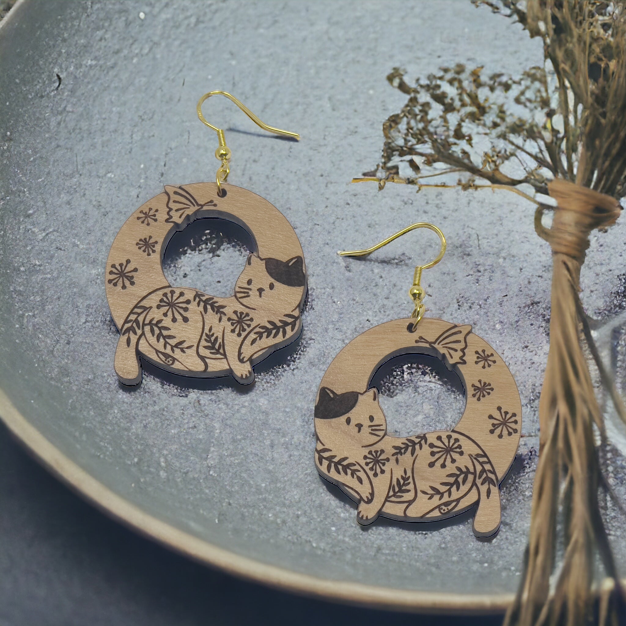 5A778197-6ECC-4F9D-87EF-7DDA5F8C243C Floral Cat Circle Wood Earrings – Whimsical Nature-Inspired Feline Jewelry - Image 3
