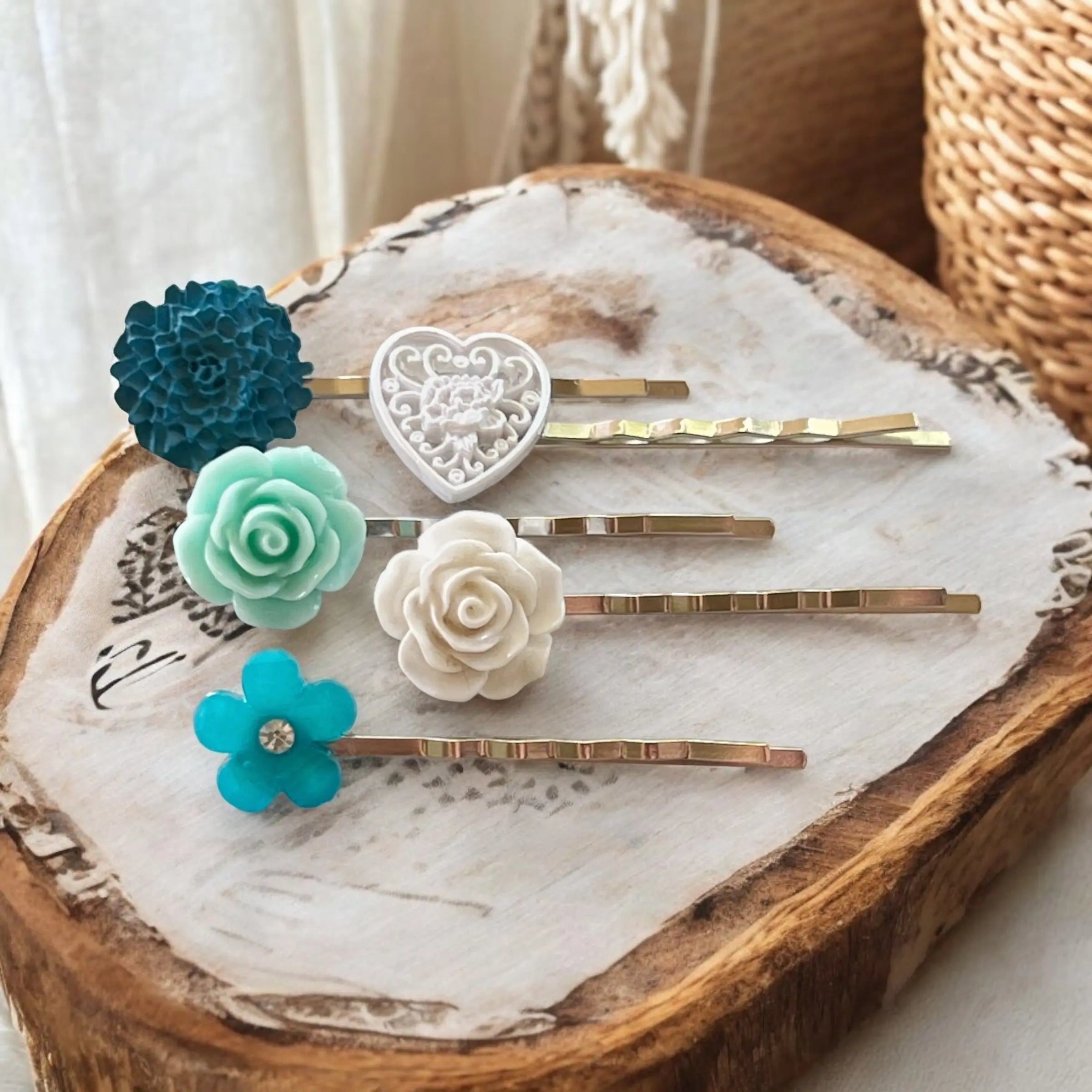 60A732F7-960D-482D-85D2-D897F66F893B Blue Mint & White Floral Hair Pins Set of 5 – Silver Bobby Pins - Image 2