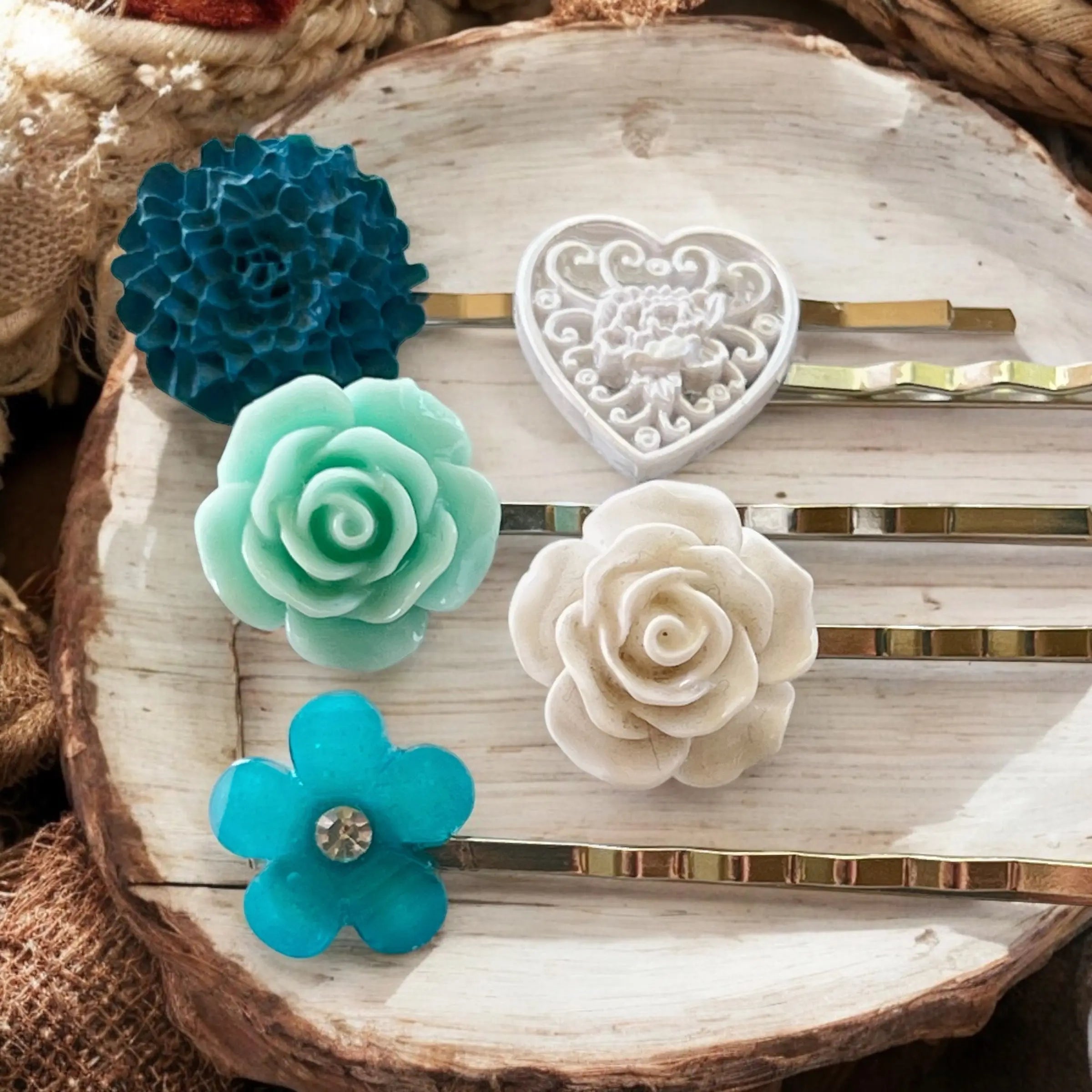 7057F234-014F-447C-A439-E598BAE0D187 Blue Mint & White Floral Hair Pins Set of 5 – Silver Bobby Pins - Image 7
