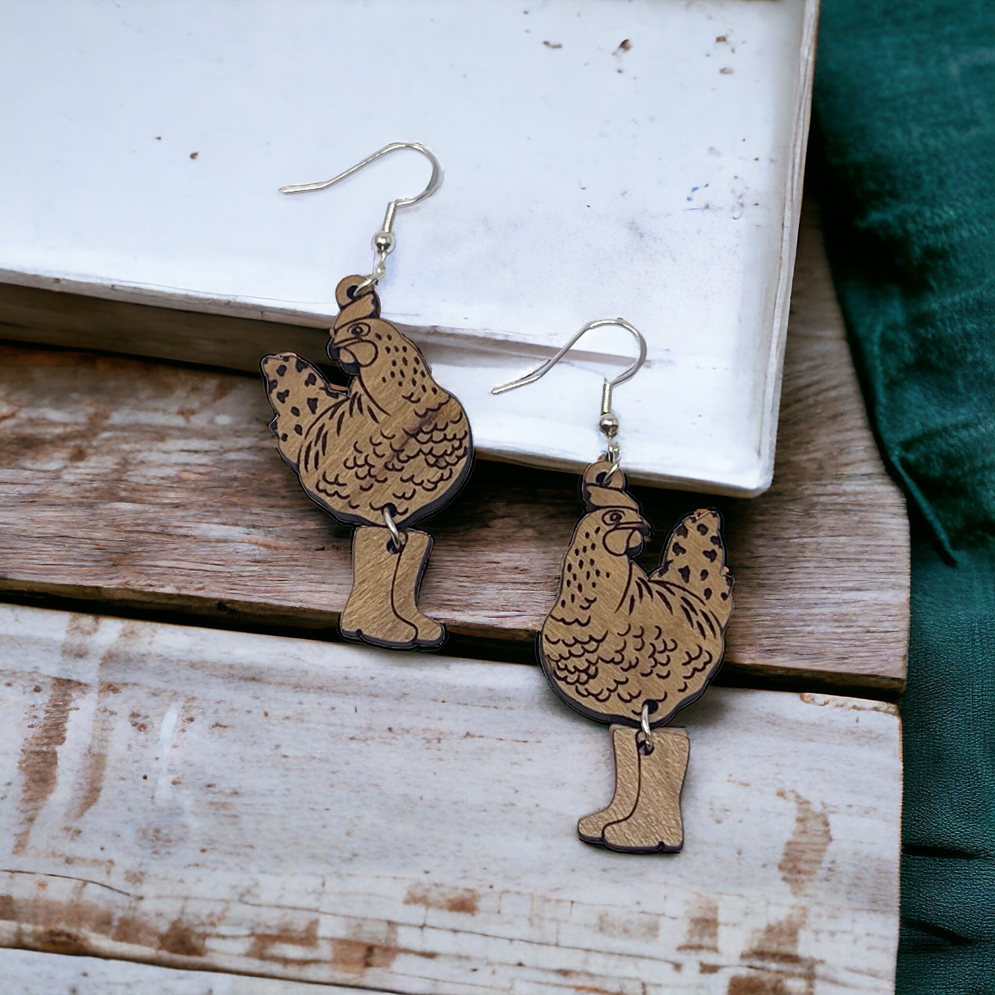 7AA28D0B-48E3-4149-91E5-5F26624C3988 Chicken in Boots Earrings – Wooden Farmhouse Dangle Earrings - Image 3