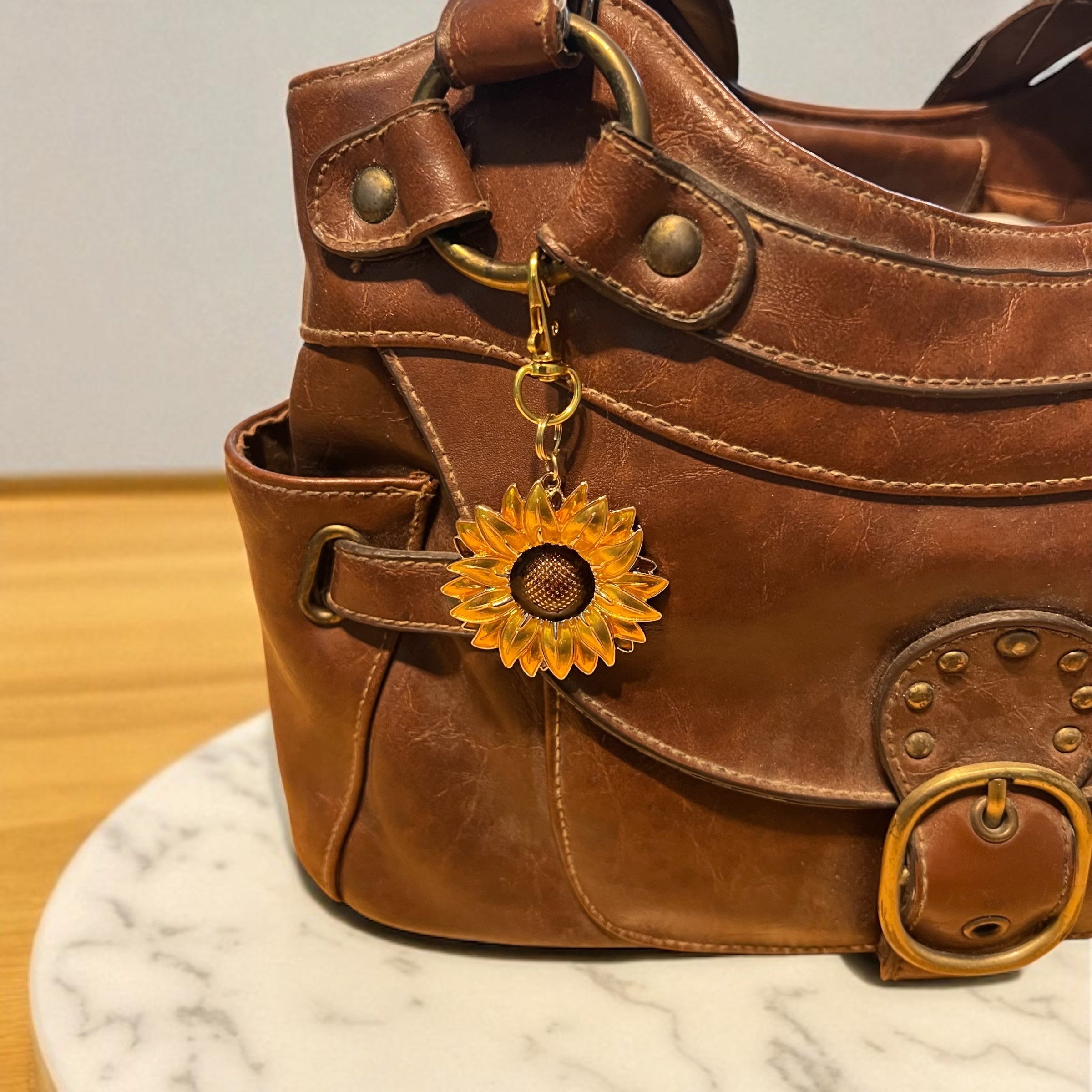 8A53737A-085E-4B15-8F3C-F8A6A9DC223F Sunflower Purse Charm – Gold Boho Bag Accessory - Image 4
