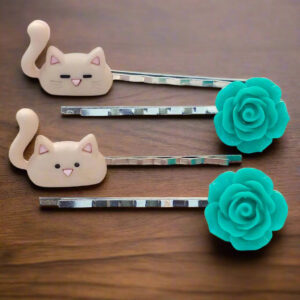 Tan Cats & Green Flower Hair Pin Set- Accessories for Cat Lovers