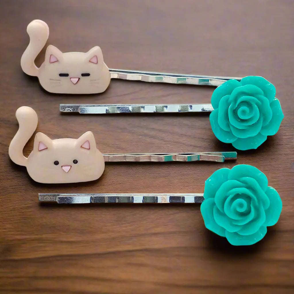 94D94CA3-156A-48E0-83D7-B6E644AFD1D9 Tan Cats & Green Flower Hair Pin Set- Accessories for Cat Lovers