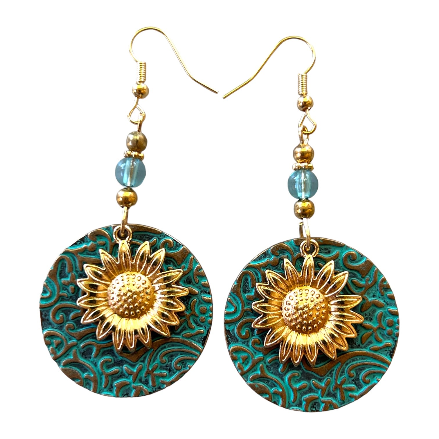 99BBD9D3-72CD-48FD-85F1-D0CA14A29B27 Patina Metal Dangle Earrings – Gold Sunflower Design - Image 5