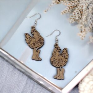 Chicken in Boots Earrings – Wooden Farmhouse Dangle Earrings