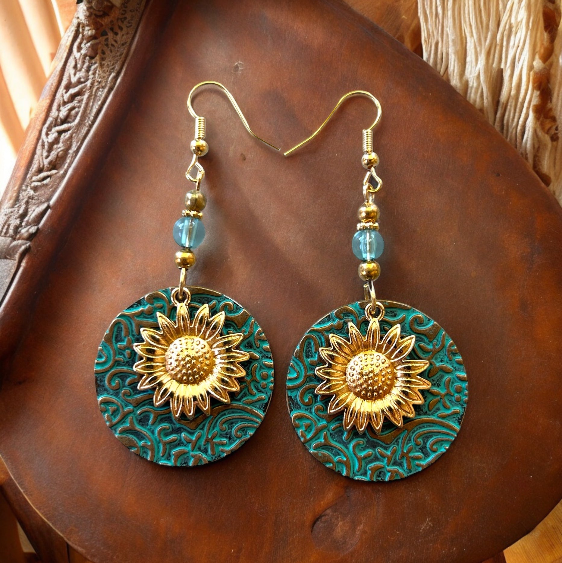 B3DED6D7-24B9-4116-8C0B-0A1EAE09AB38 Patina Metal Dangle Earrings – Gold Sunflower Design - Image 3