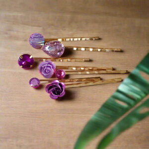 Purple Hair Pins Set of 7 – Gold Rhinestone Bobby Pins