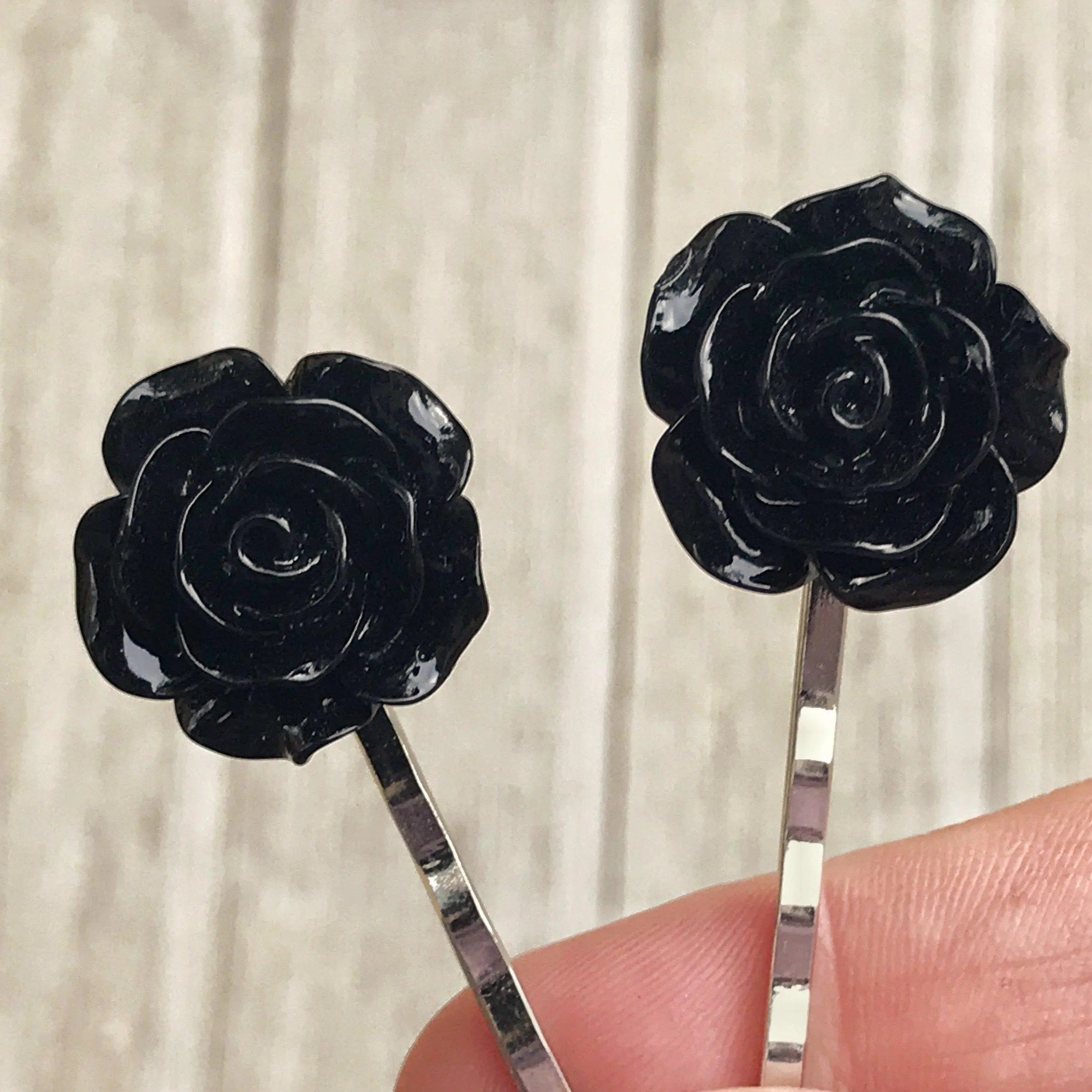 Black-Rose-Hair-Pins-Womens-Hair-Pins-Bridal-Hair-Accessories-Flower-Bobby-Pins-Black-Rose-Hair-Pins-3 Black Rose Hair Pins – Elegant Floral Hair Accessories Set of 2 - Image 7
