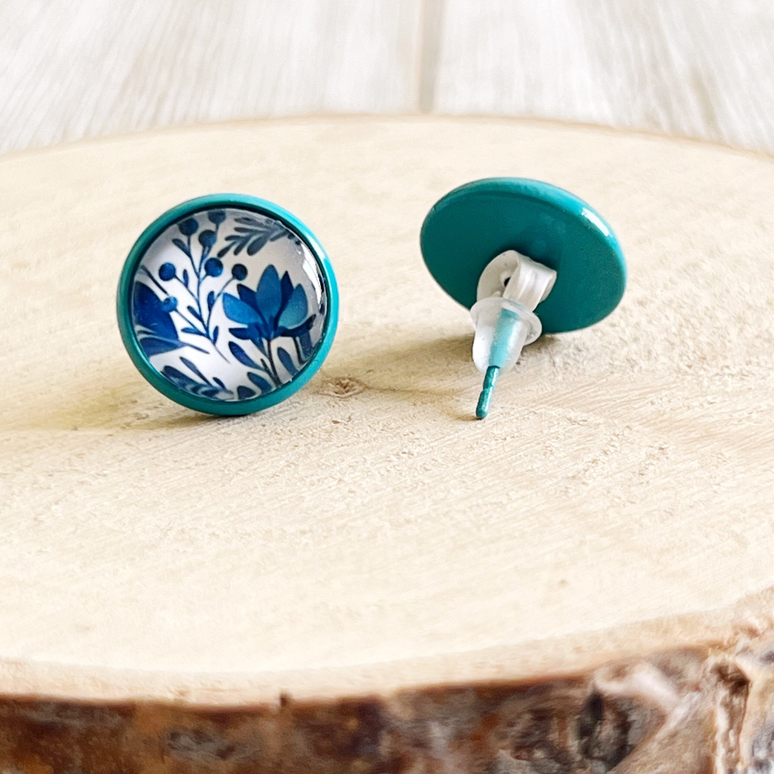 C7EF5DC9-8985-4406-B93F-5CE38DB0D645 Blue Floral Stud Earrings – Round Botanical Jewelry in Teal Bezel - Image 7