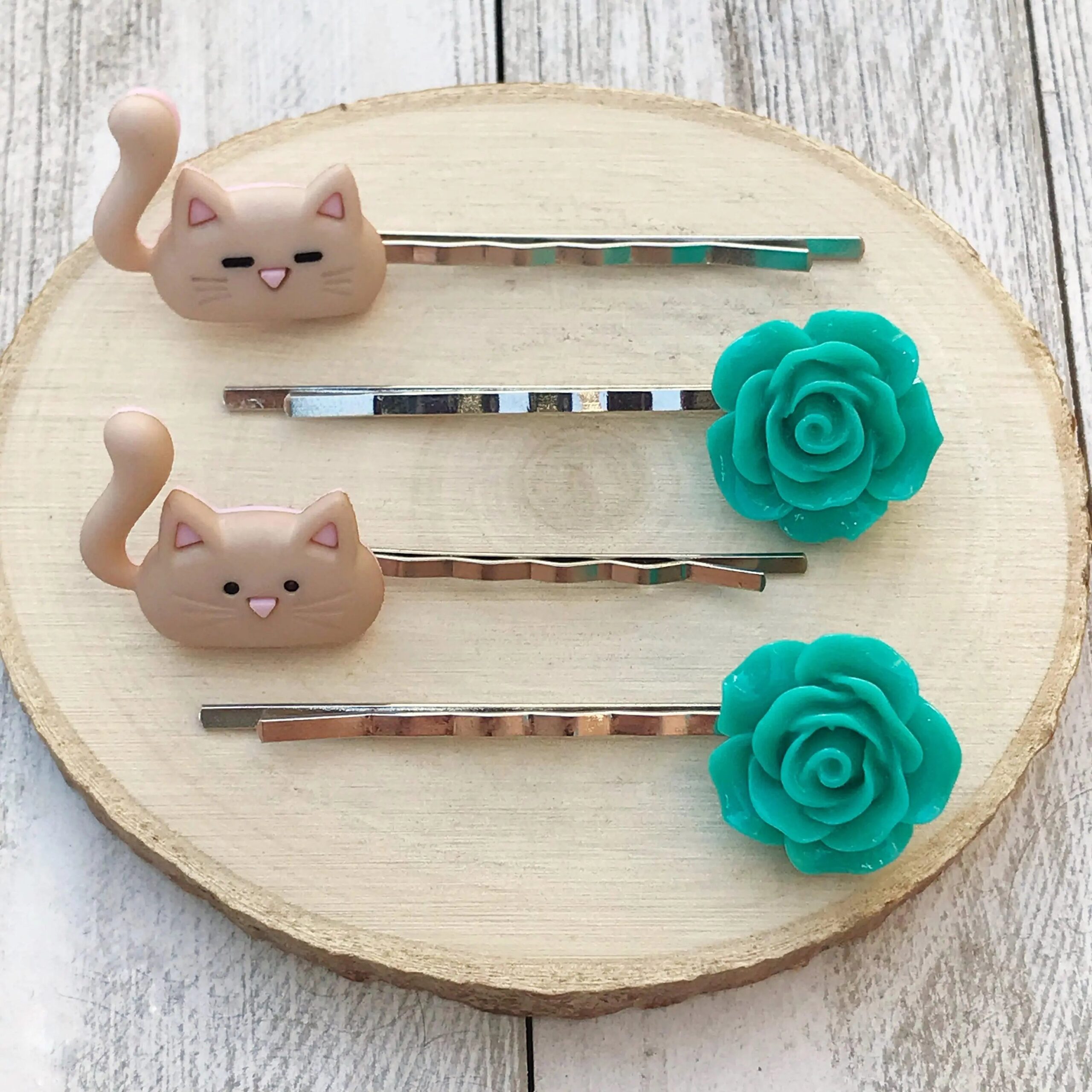 Cat-Hair-Pin-Floral-Bobby-Pin-Womens-Hair-Pin-Cat-Bobby-Pin-Pink-Flower-Hair-Pin-Floral-Hair-Pin-2 Tan Cats & Green Flower Hair Pin Set- Accessories for Cat Lovers - Image 3