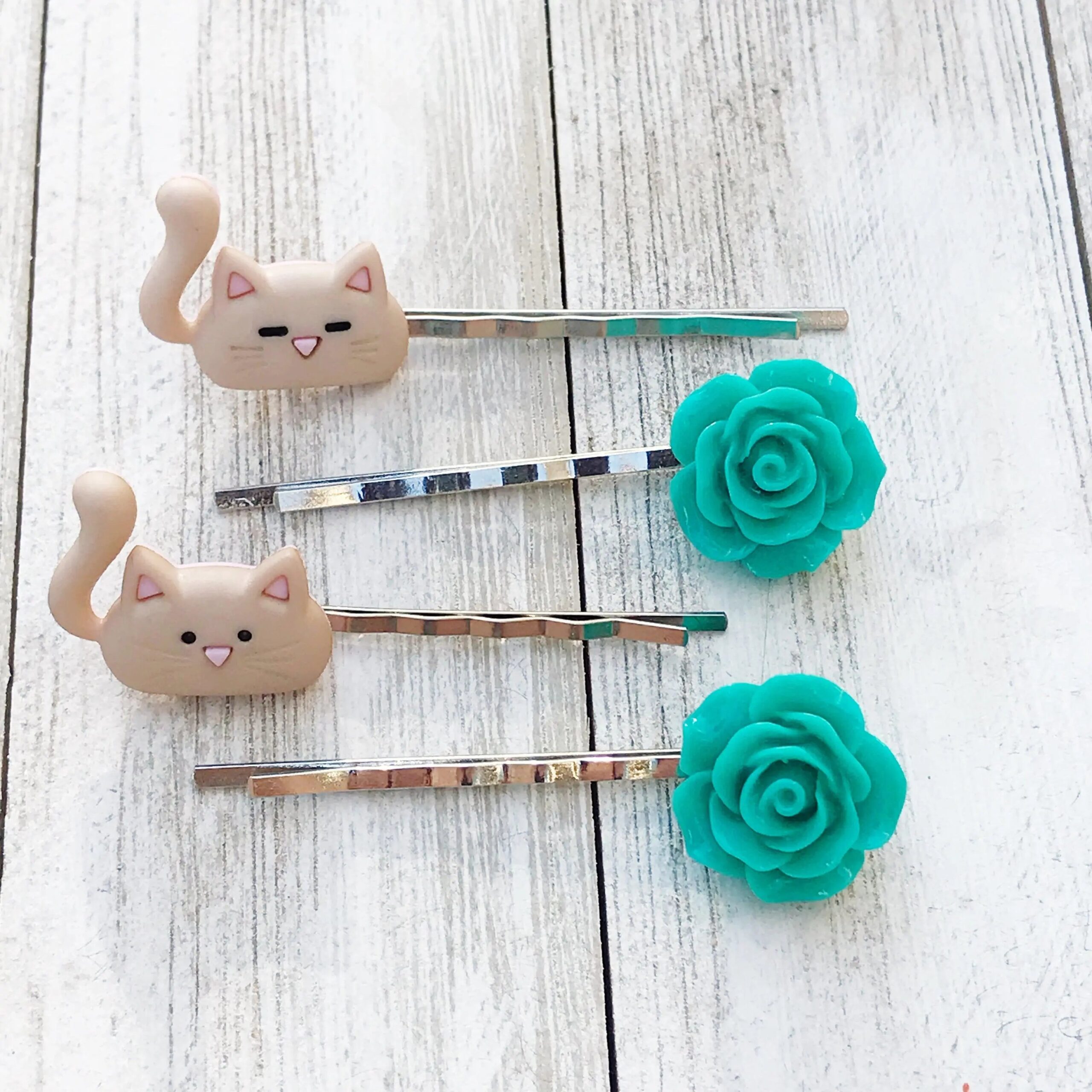 Cat-Hair-Pin-Floral-Bobby-Pin-Womens-Hair-Pin-Cat-Bobby-Pin-Pink-Flower-Hair-Pin-Floral-Hair-Pin-3 Tan Cats & Green Flower Hair Pin Set- Accessories for Cat Lovers - Image 4