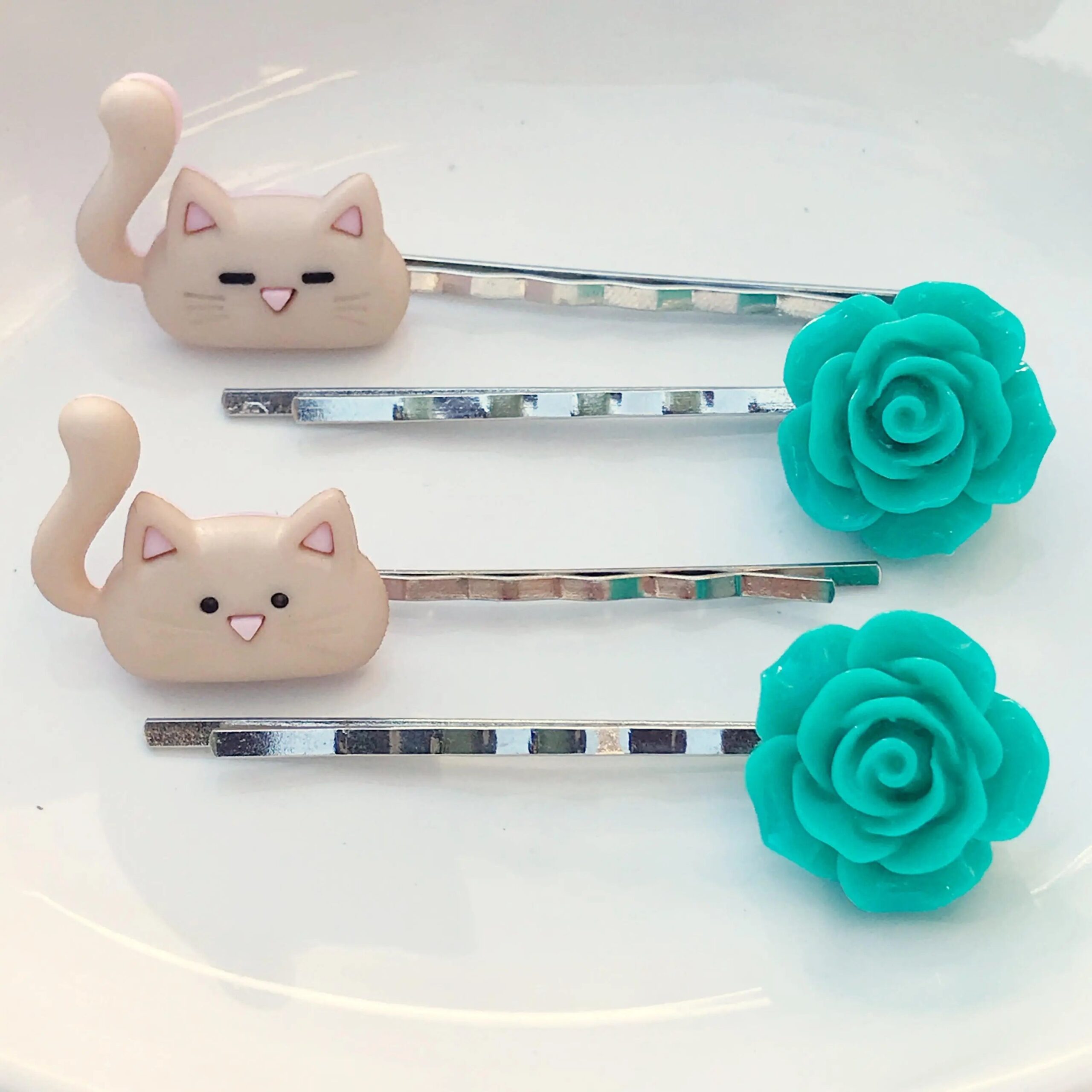 Cat-Hair-Pin-Floral-Bobby-Pin-Womens-Hair-Pin-Cat-Bobby-Pin-Pink-Flower-Hair-Pin-Floral-Hair-Pin-5 Tan Cats & Green Flower Hair Pin Set- Accessories for Cat Lovers - Image 6