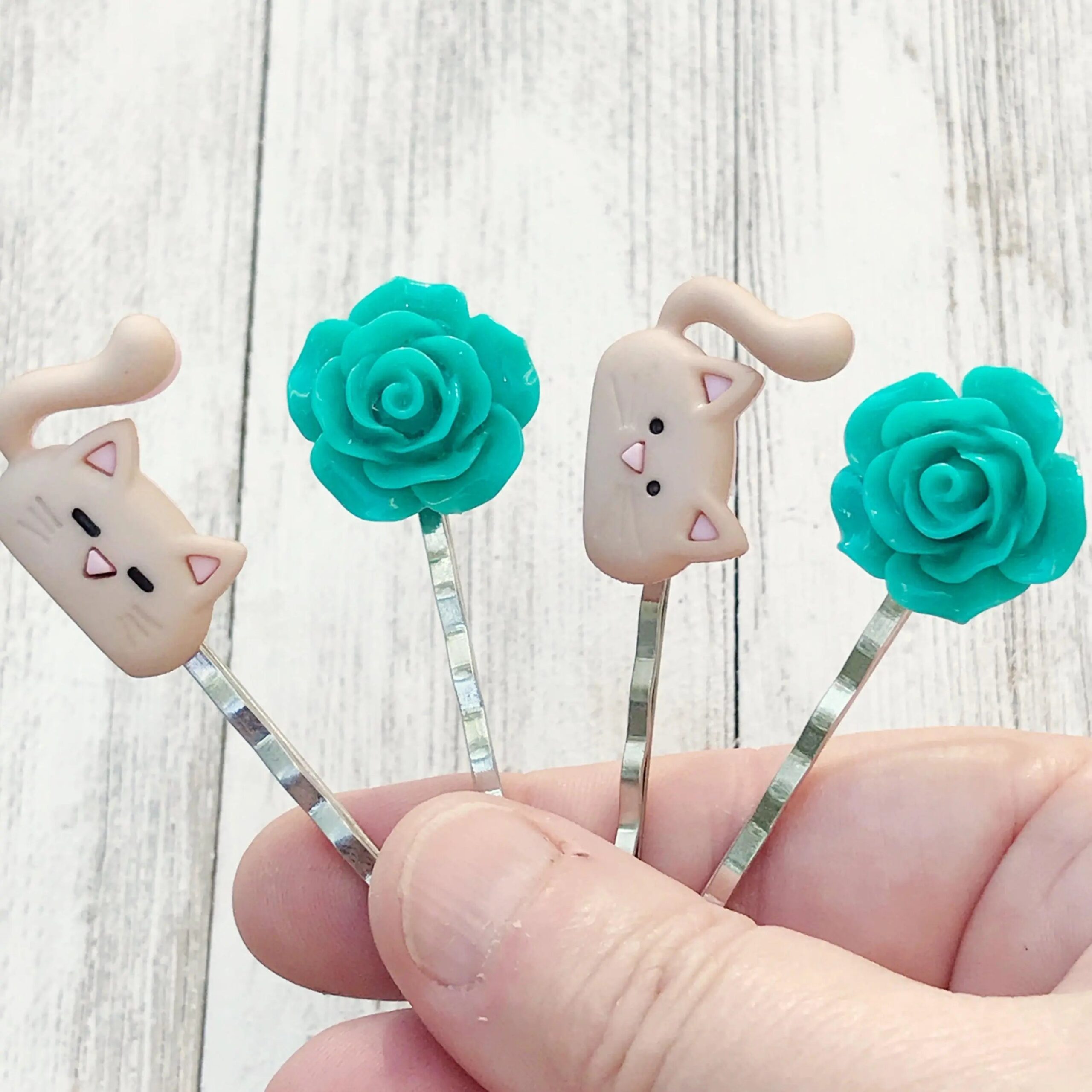 Cat-Hair-Pin-Floral-Bobby-Pin-Womens-Hair-Pin-Cat-Bobby-Pin-Pink-Flower-Hair-Pin-Floral-Hair-Pin-6 Tan Cats & Green Flower Hair Pin Set- Accessories for Cat Lovers - Image 7