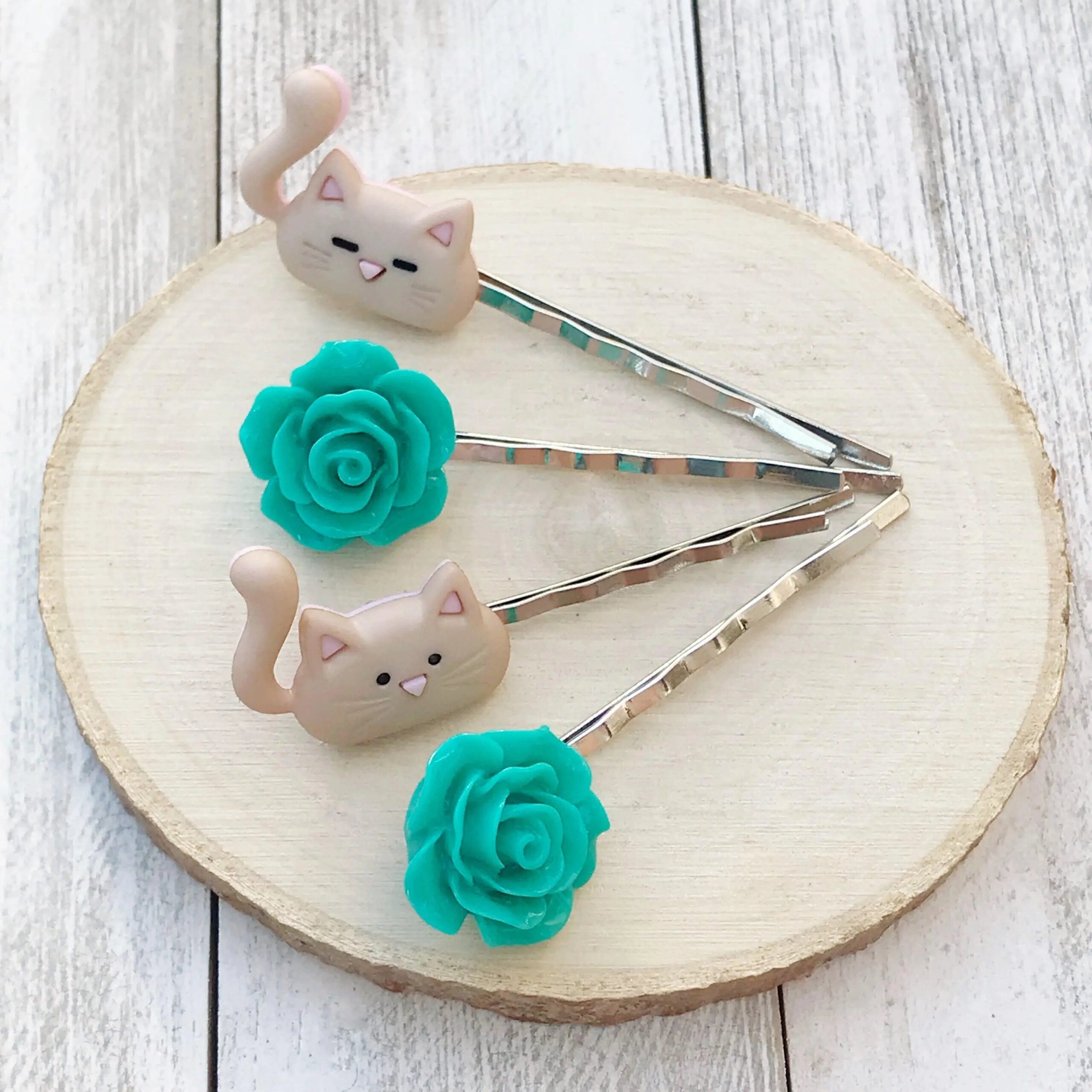 Cat-Hair-Pin-Floral-Bobby-Pin-Womens-Hair-Pin-Cat-Bobby-Pin-Pink-Flower-Hair-Pin-Floral-Hair-Pin Tan Cats & Green Flower Hair Pin Set- Accessories for Cat Lovers - Image 2