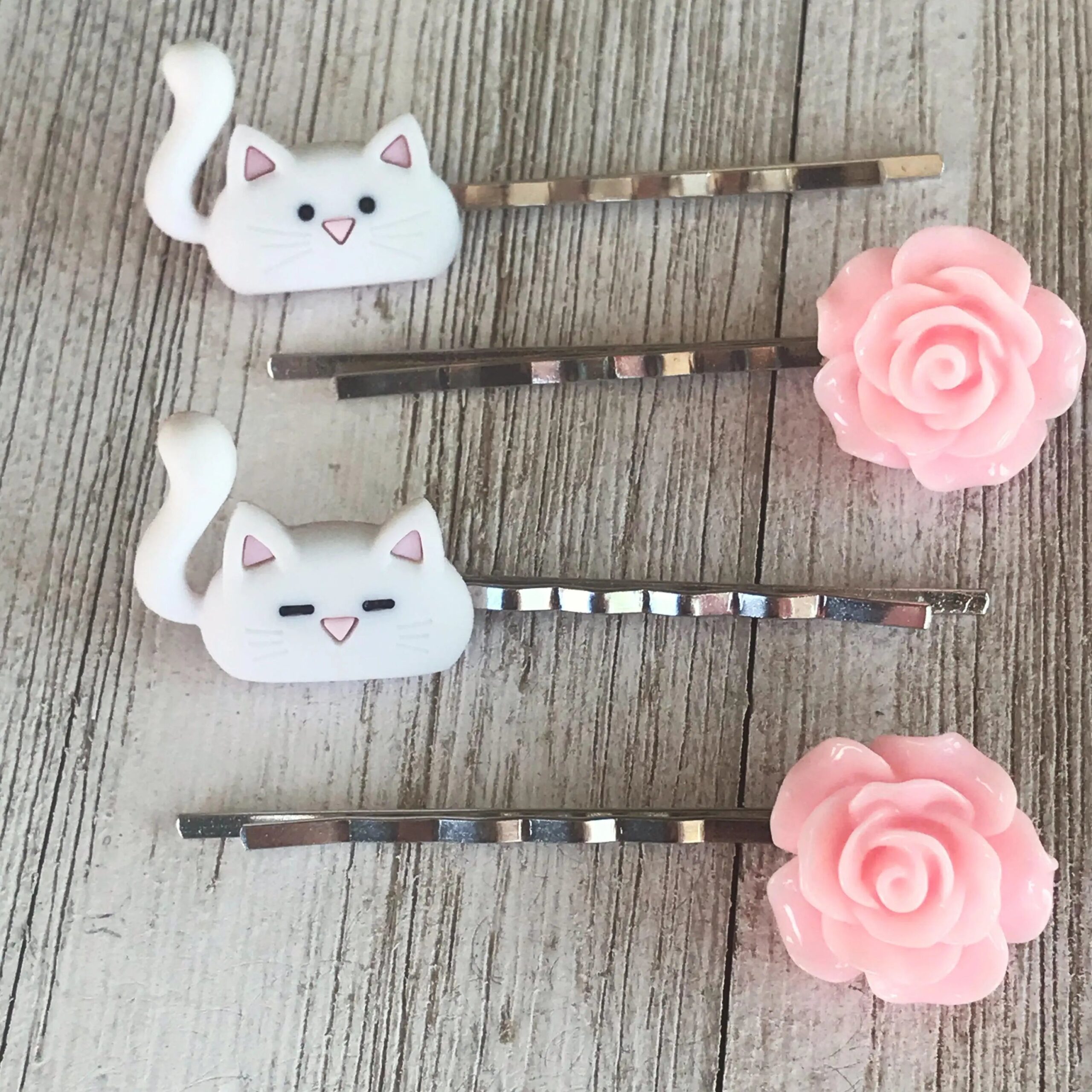Cat-Hair-Pins-Cat-Bobby-Pin-Womens-Hair-Pin-Flower-Hair-Pin-Floral-Hair-Pin-Decorative-Hair-Pin-2 White Cats & Pink Flower Hair Pin Set- Accessories for Cat Lovers - Image 3