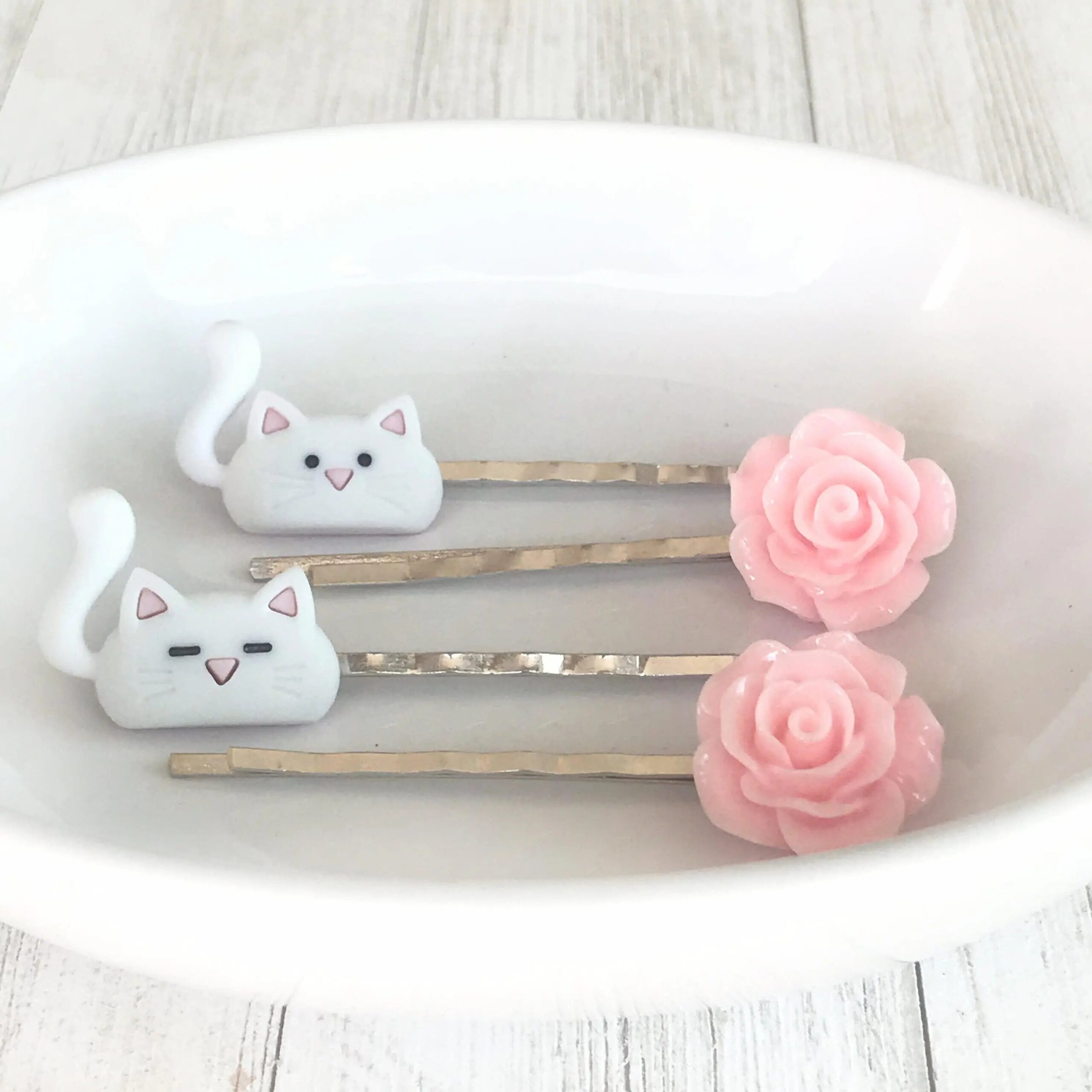 Cat-Hair-Pins-Cat-Bobby-Pin-Womens-Hair-Pin-Flower-Hair-Pin-Floral-Hair-Pin-Decorative-Hair-Pin-3 White Cats & Pink Flower Hair Pin Set- Accessories for Cat Lovers - Image 4