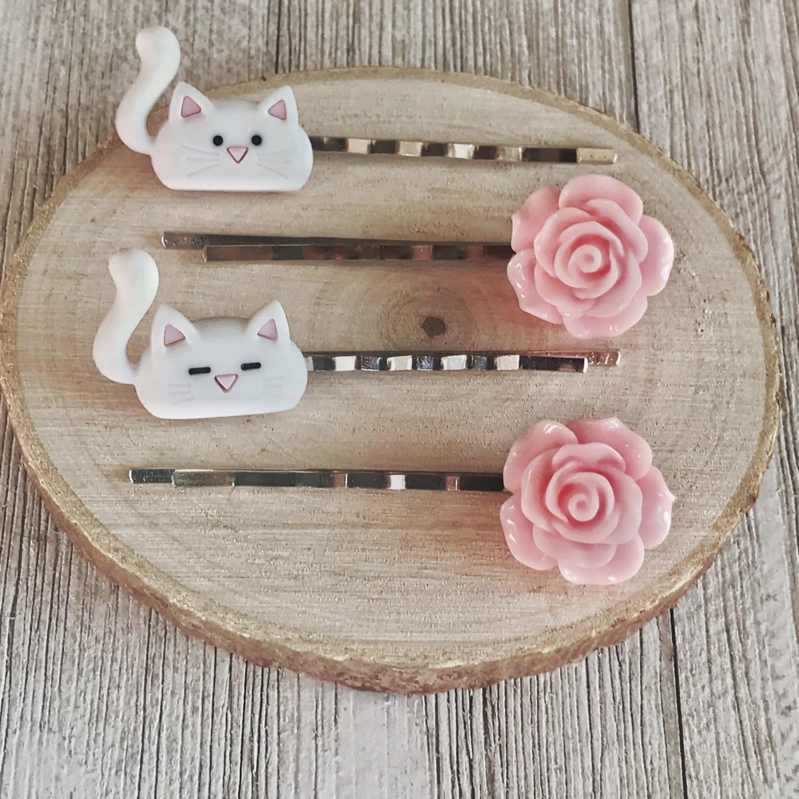 Cat-Hair-Pins-Cat-Bobby-Pin-Womens-Hair-Pin-Flower-Hair-Pin-Floral-Hair-Pin-Decorative-Hair-Pin-4 White Cats & Pink Flower Hair Pin Set- Accessories for Cat Lovers - Image 5
