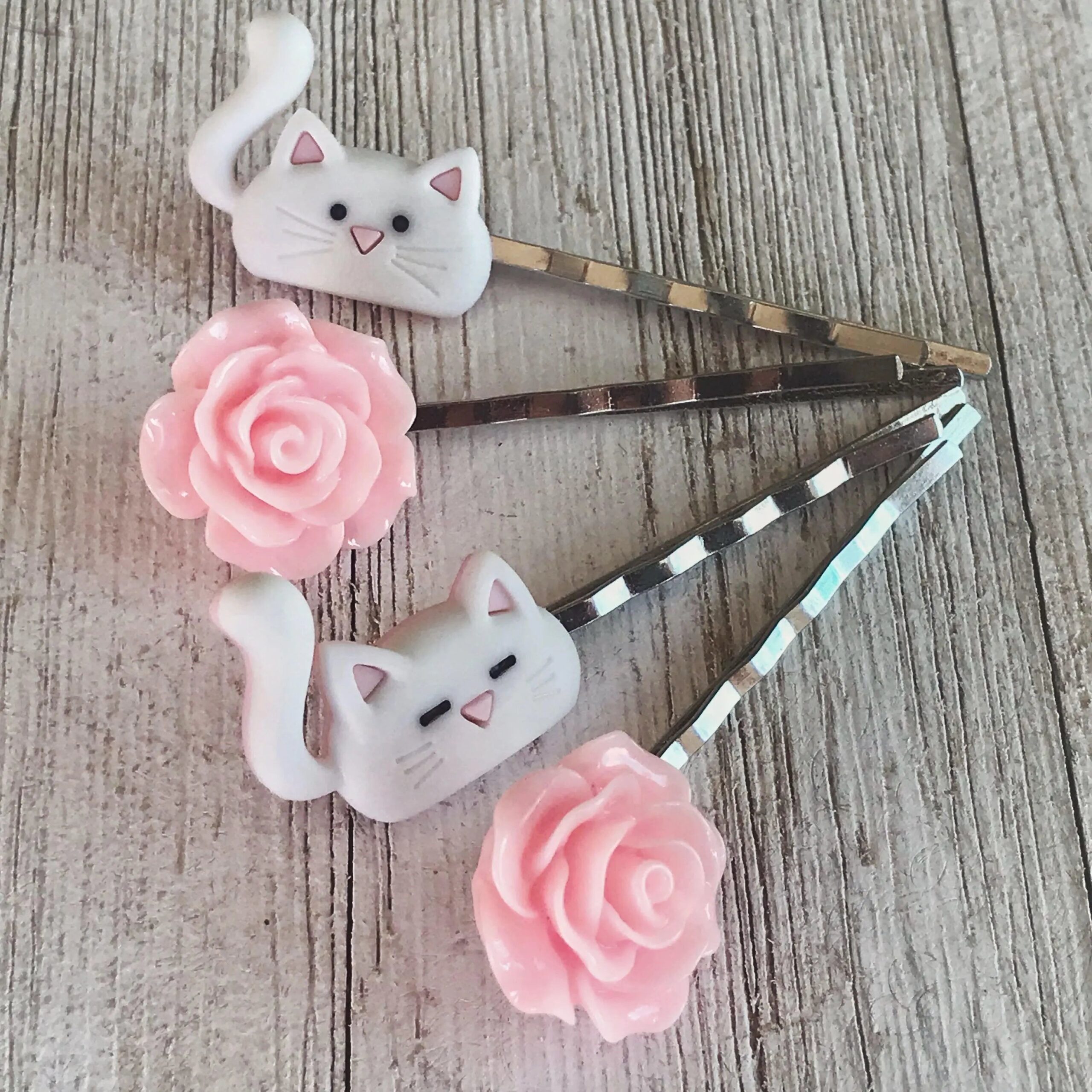 Cat-Hair-Pins-Cat-Bobby-Pin-Womens-Hair-Pin-Flower-Hair-Pin-Floral-Hair-Pin-Decorative-Hair-Pin White Cats & Pink Flower Hair Pin Set- Accessories for Cat Lovers - Image 2