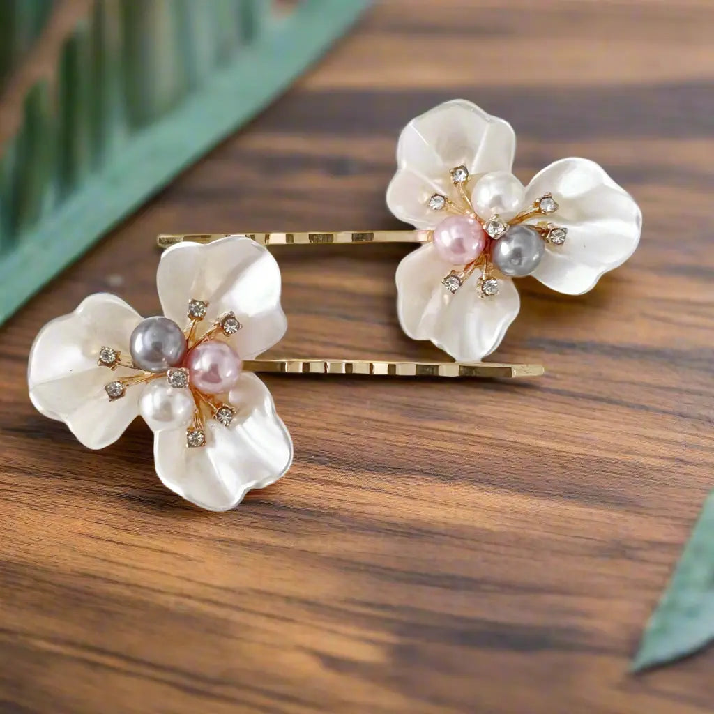 DA0F67D7-EEDB-4516-BEE9-AFCA911E9770 Floral Pearl Bridal Hair Pins Set of 2 – Gold Wedding Bobby Pins