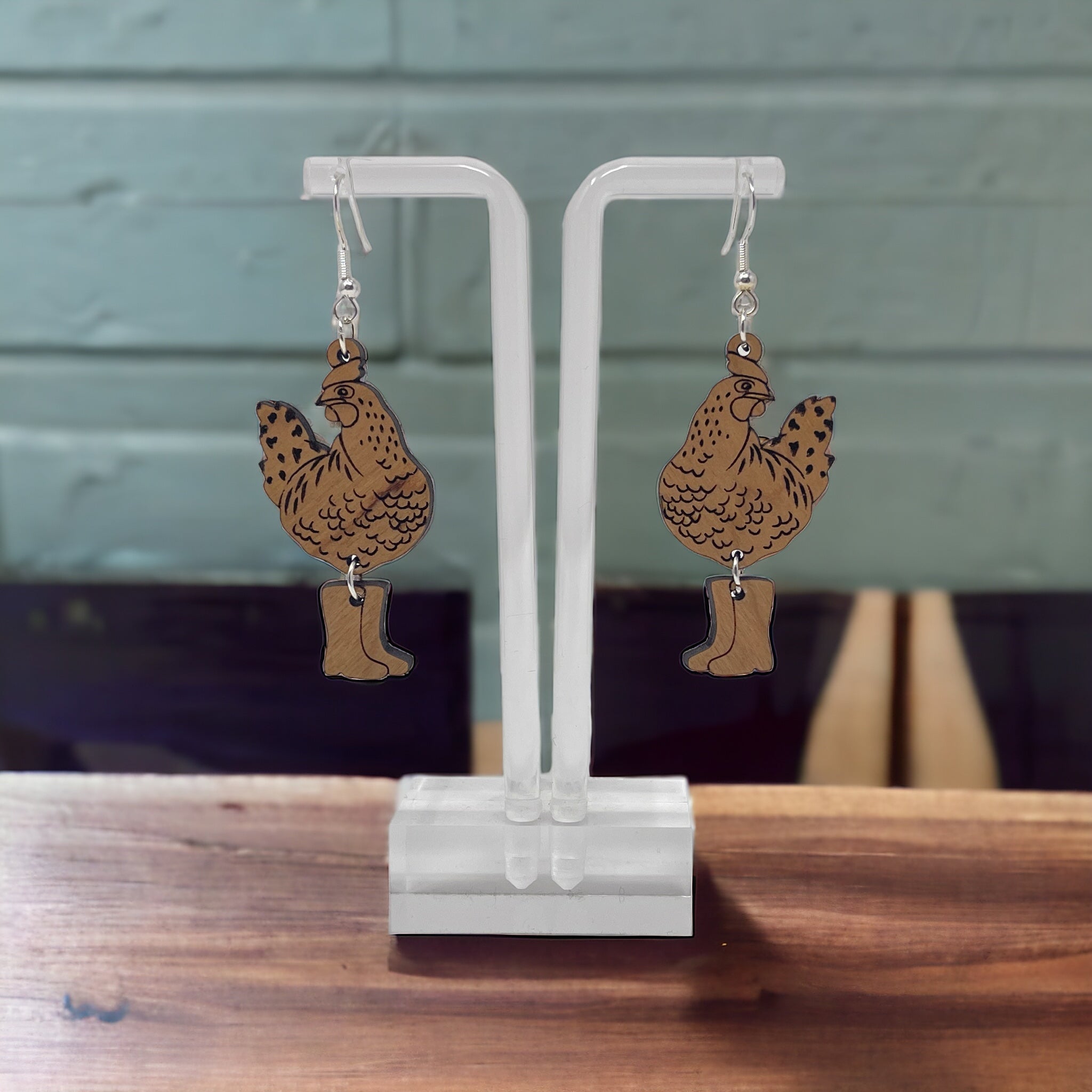 E2AFC50D-B8F5-48CF-BF6A-991EA00D045E Chicken in Boots Earrings – Wooden Farmhouse Dangle Earrings - Image 9