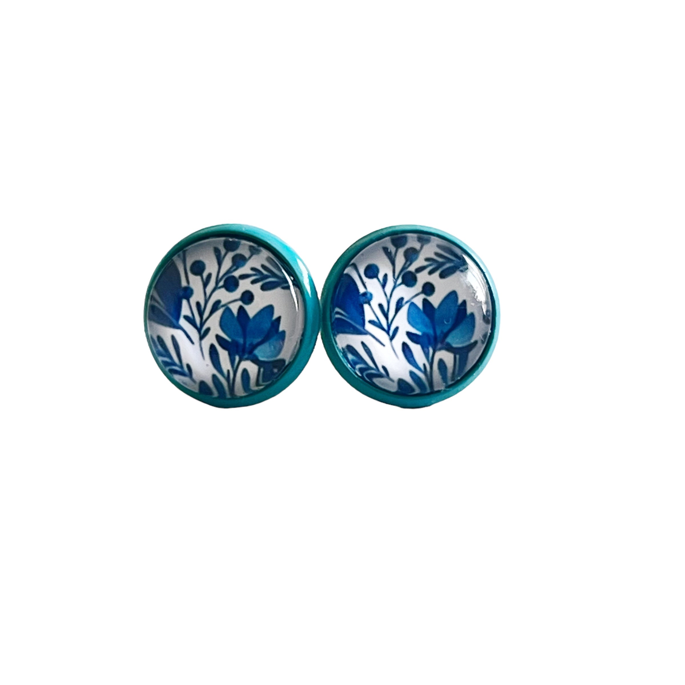 E4C19D47-ECBE-4DF9-ABF3-1927380D950D Blue Floral Stud Earrings – Round Botanical Jewelry in Teal Bezel - Image 8