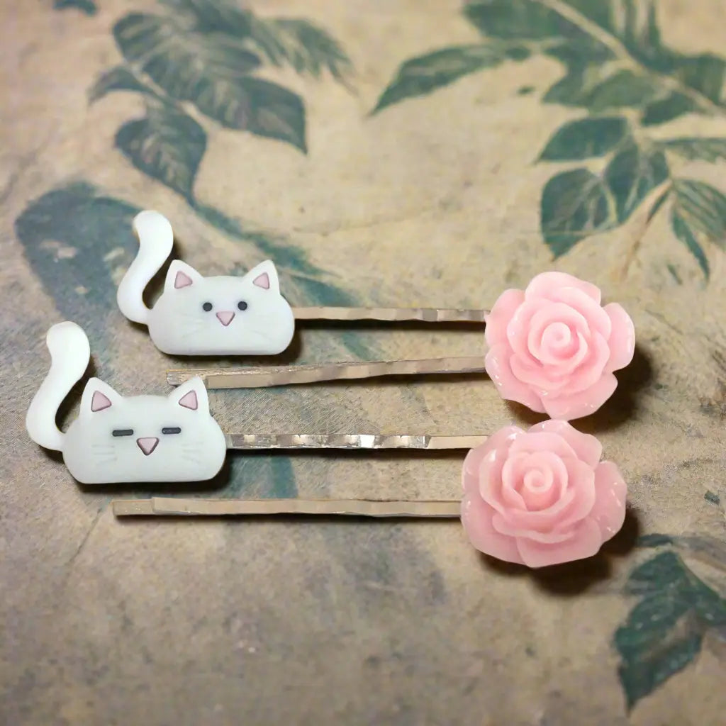 EA38A6CF-7442-41AA-B9AC-40EB4085F193 White Cats & Pink Flower Hair Pin Set- Accessories for Cat Lovers