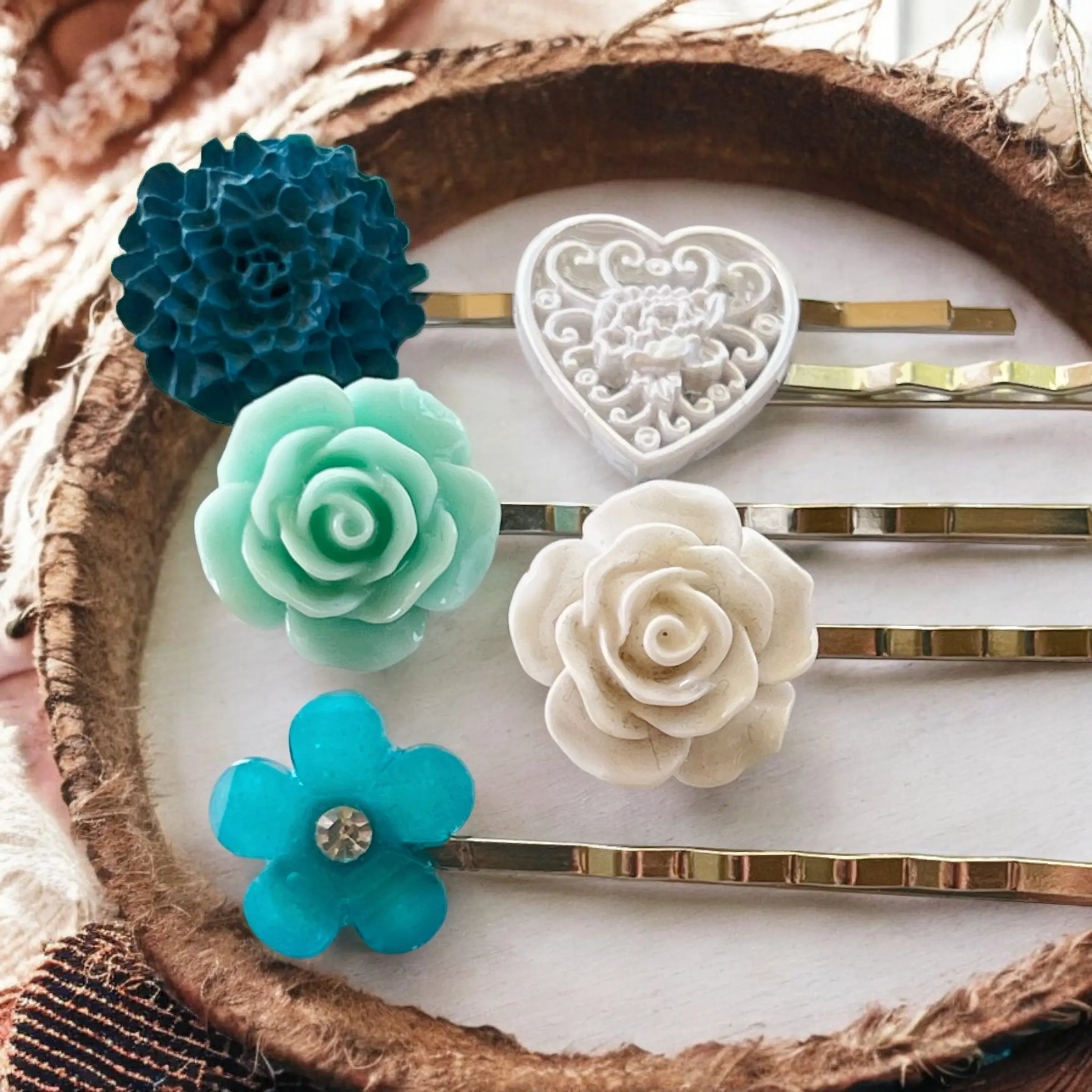 EF65E1A6-0047-41BF-B4C1-A402EFE6518A Blue Mint & White Floral Hair Pins Set of 5 – Silver Bobby Pins - Image 6