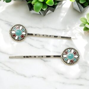 Boho Turquoise, Red & White Hair Pins – Colorful Floral Bobby Pins
