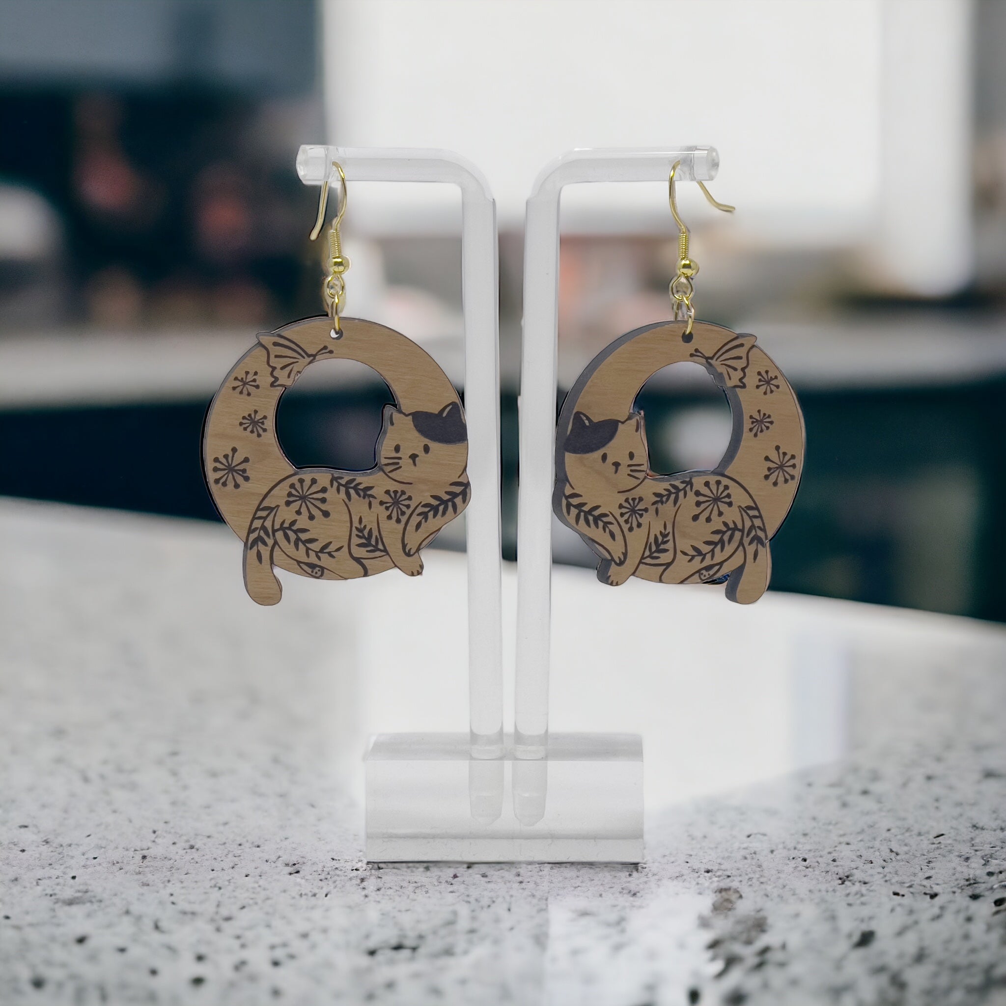 F2FC3345-4137-46F4-91C2-5228A0F6A0D8 Floral Cat Circle Wood Earrings – Whimsical Nature-Inspired Feline Jewelry - Image 9