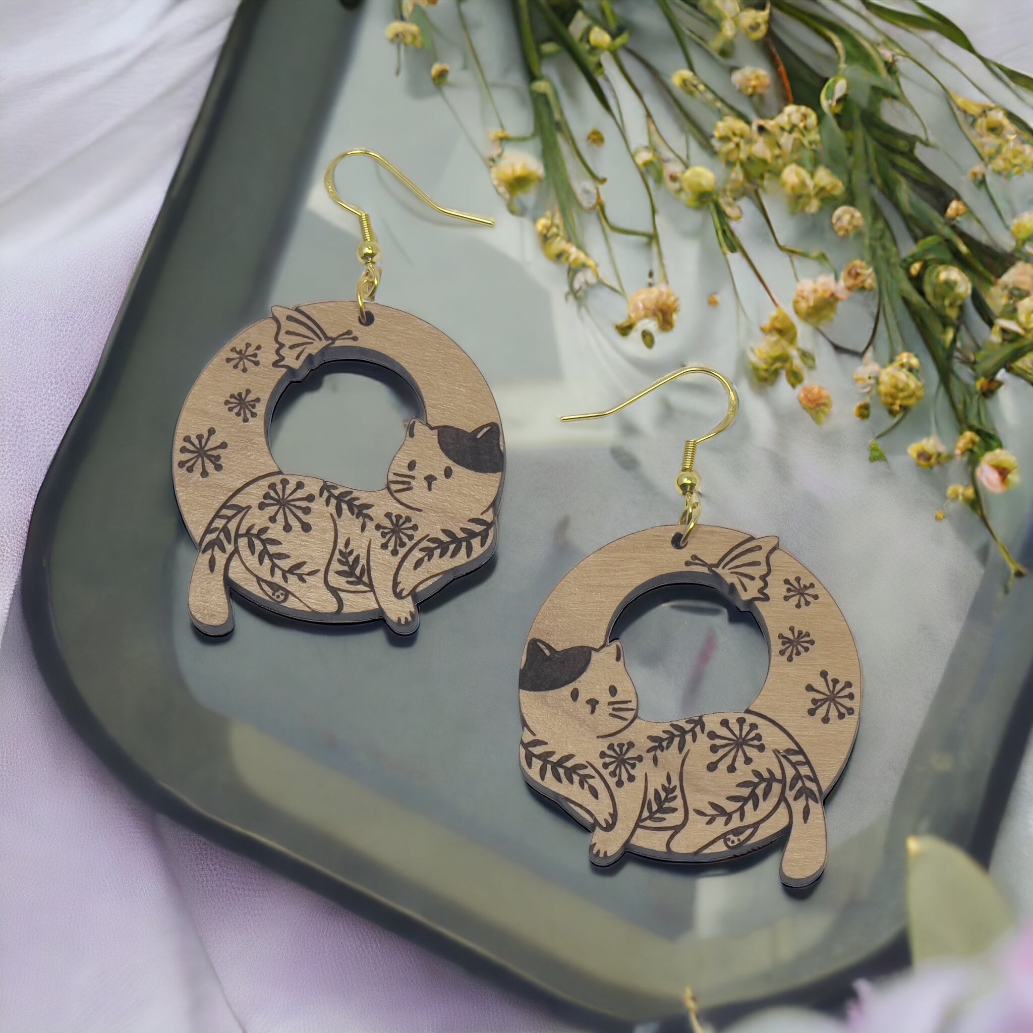 FBB9BDBD-365A-4C1D-A90C-FAB321DB8223 Floral Cat Circle Wood Earrings – Whimsical Nature-Inspired Feline Jewelry