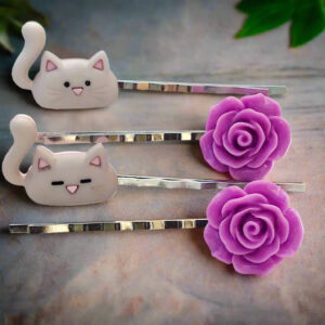 Gray Cats & Purple Flowers Hair Pin Set - Charming Accessories