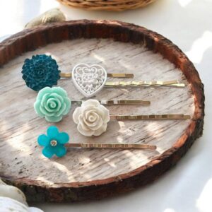 Blue Mint & White Floral Hair Pins Set of 5 – Silver Bobby Pins
