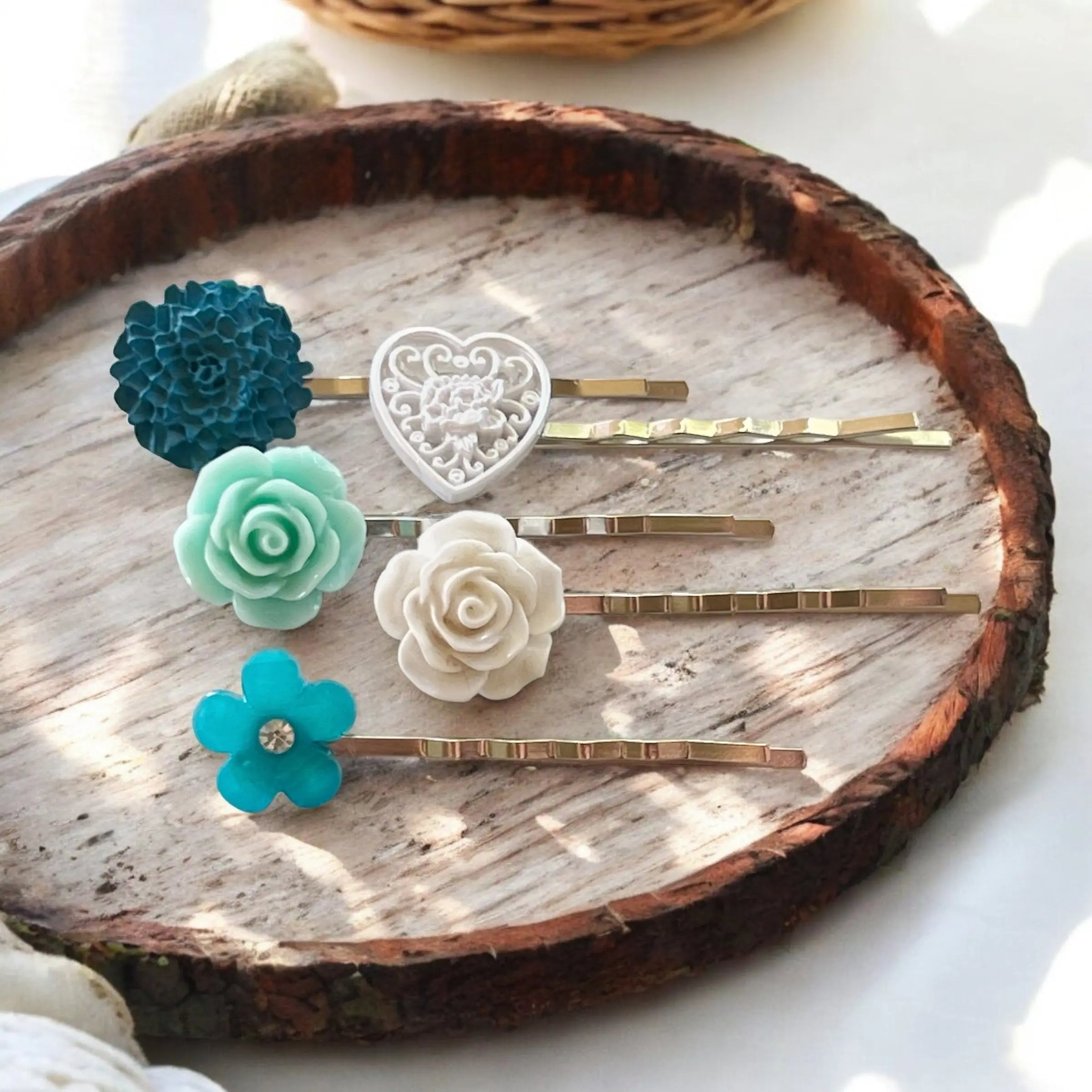 FFF3DC43-0206-4A46-B4D0-EEB63B6EF3B4 Blue Mint & White Floral Hair Pins Set of 5 – Silver Bobby Pins