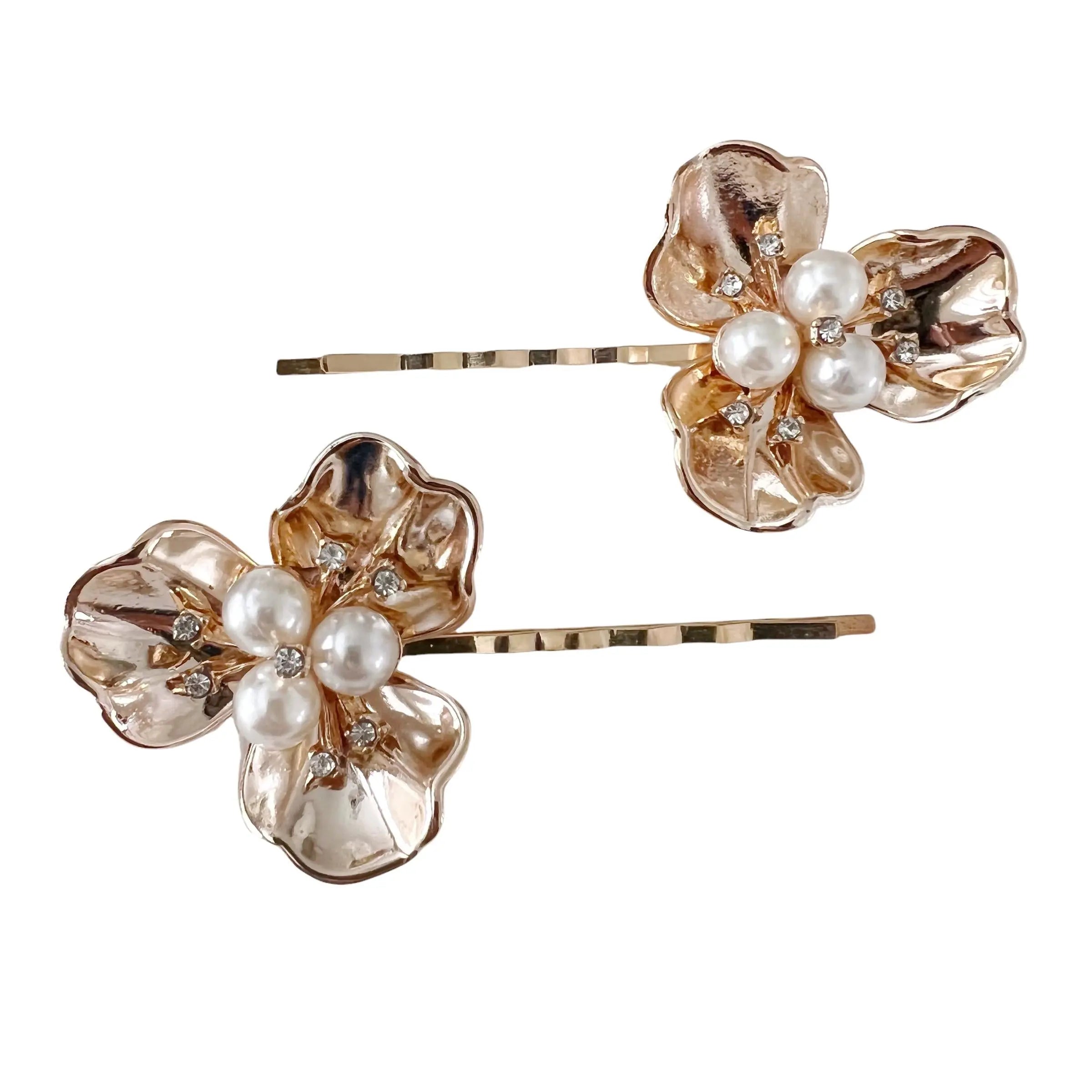 Gold-Floral-Hair-Pin-Set Gold Floral Pearl Hair Pins Set of 2 – Bridal Bobby Pins - Image 2