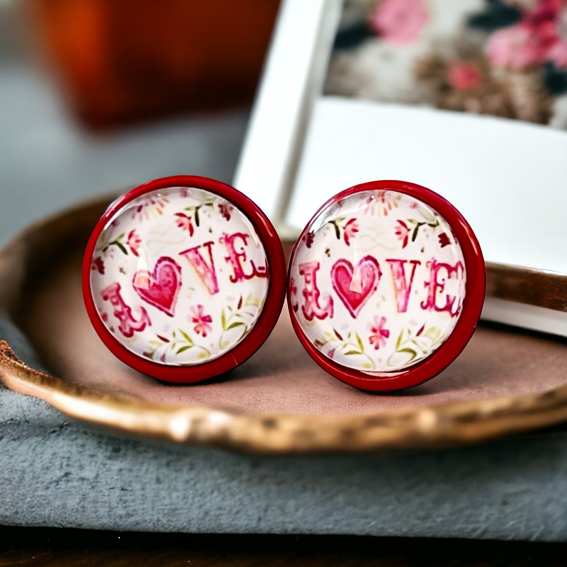 IMG-4022 Pink Floral & Heart Red Stud Earrings: Expressive Accents with the Word 'Love’ - Image 2