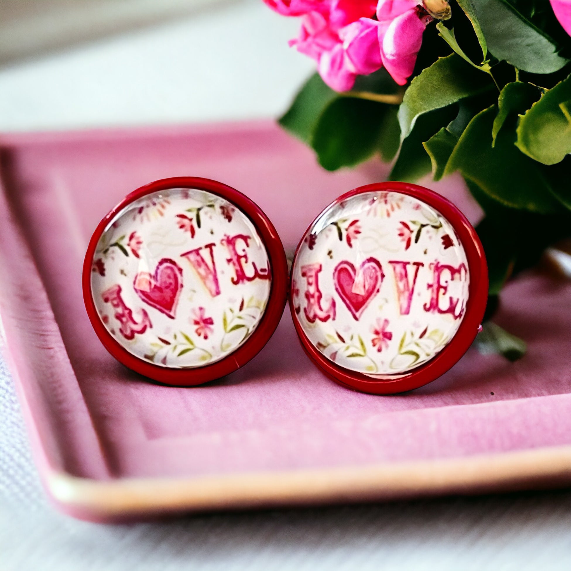 IMG-4023 Pink Floral & Heart Red Stud Earrings: Expressive Accents with the Word 'Love’ - Image 3
