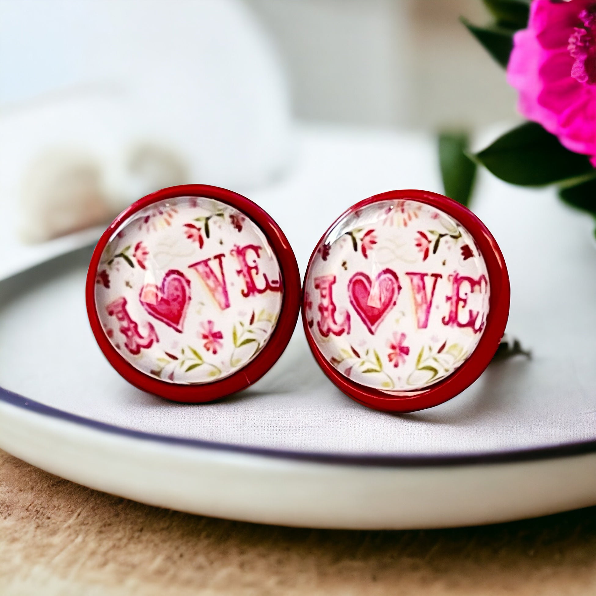 IMG-4025 Pink Floral & Heart Red Stud Earrings: Expressive Accents with the Word 'Love’ - Image 4