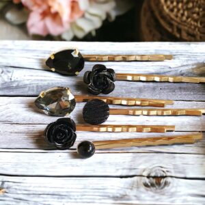 Black & Gold Hair Pins Set of 6 – Gothic Floral Bobby Pins for Weddings