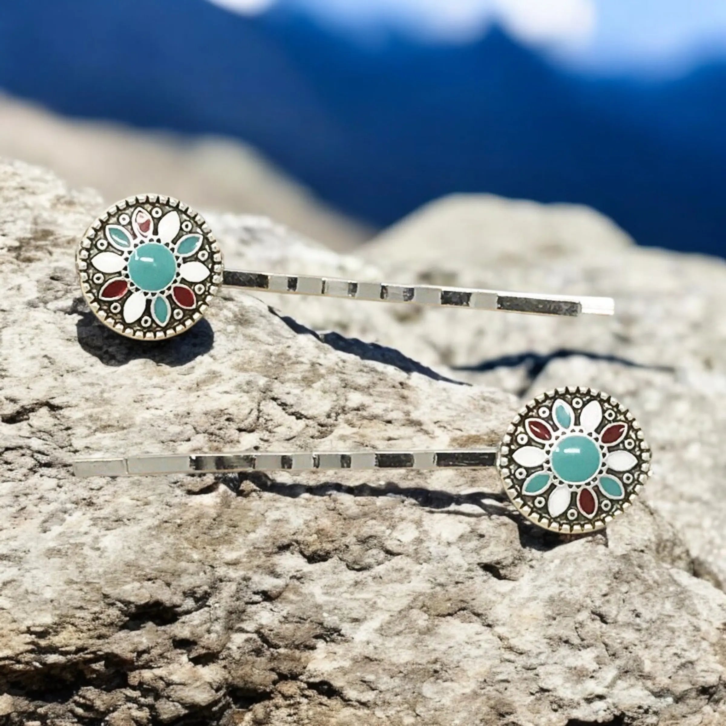 IMG-9633 Boho Turquoise, Red & White Hair Pins – Colorful Floral Bobby Pins - Image 2